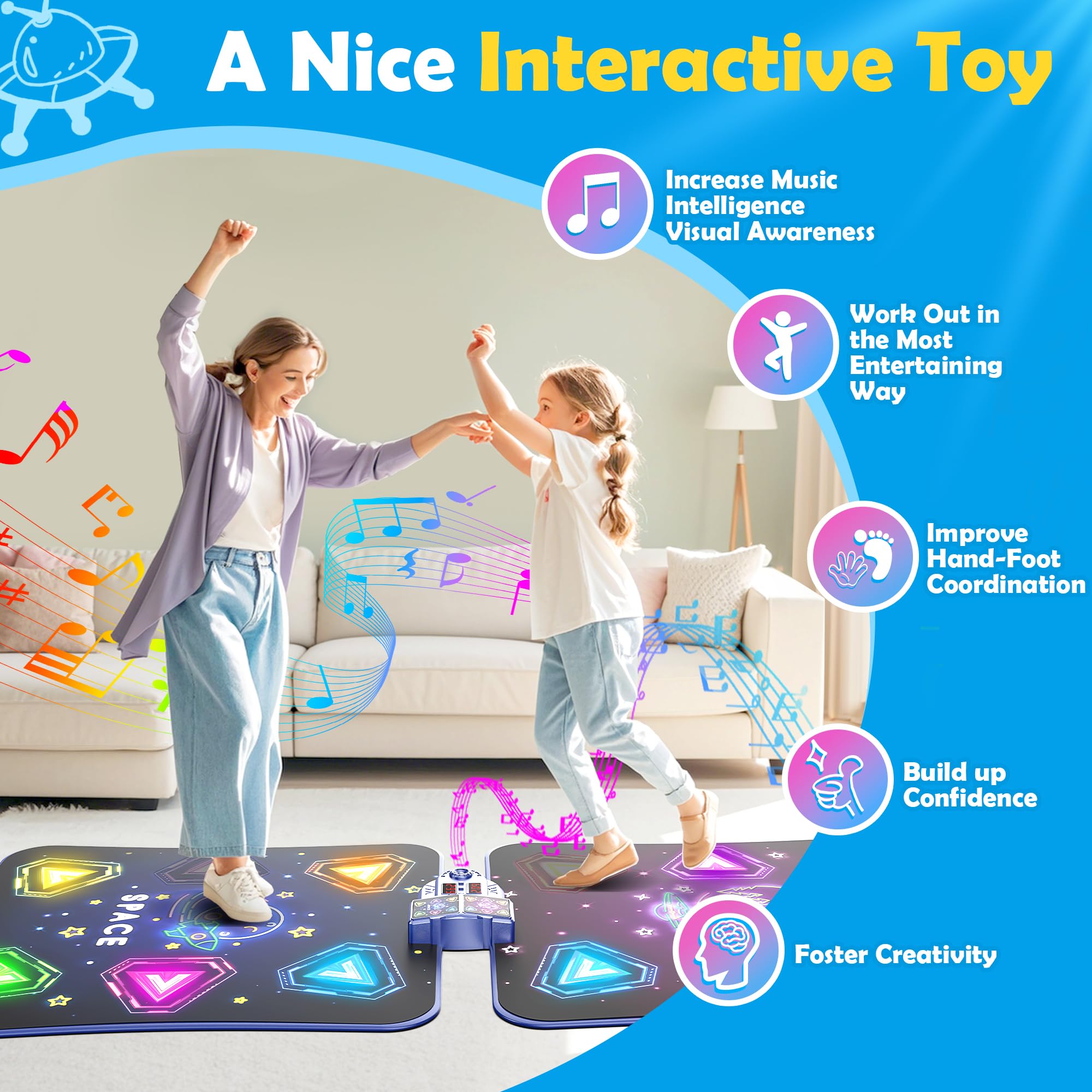 Alfombrillas de baile electrónicas dobles grandes, almohadilla de baile con luz LED y Bluetooth inalámbrico, juguete de baile musical con 6 modos de juego, juego de desafío para jugadores individuales 8