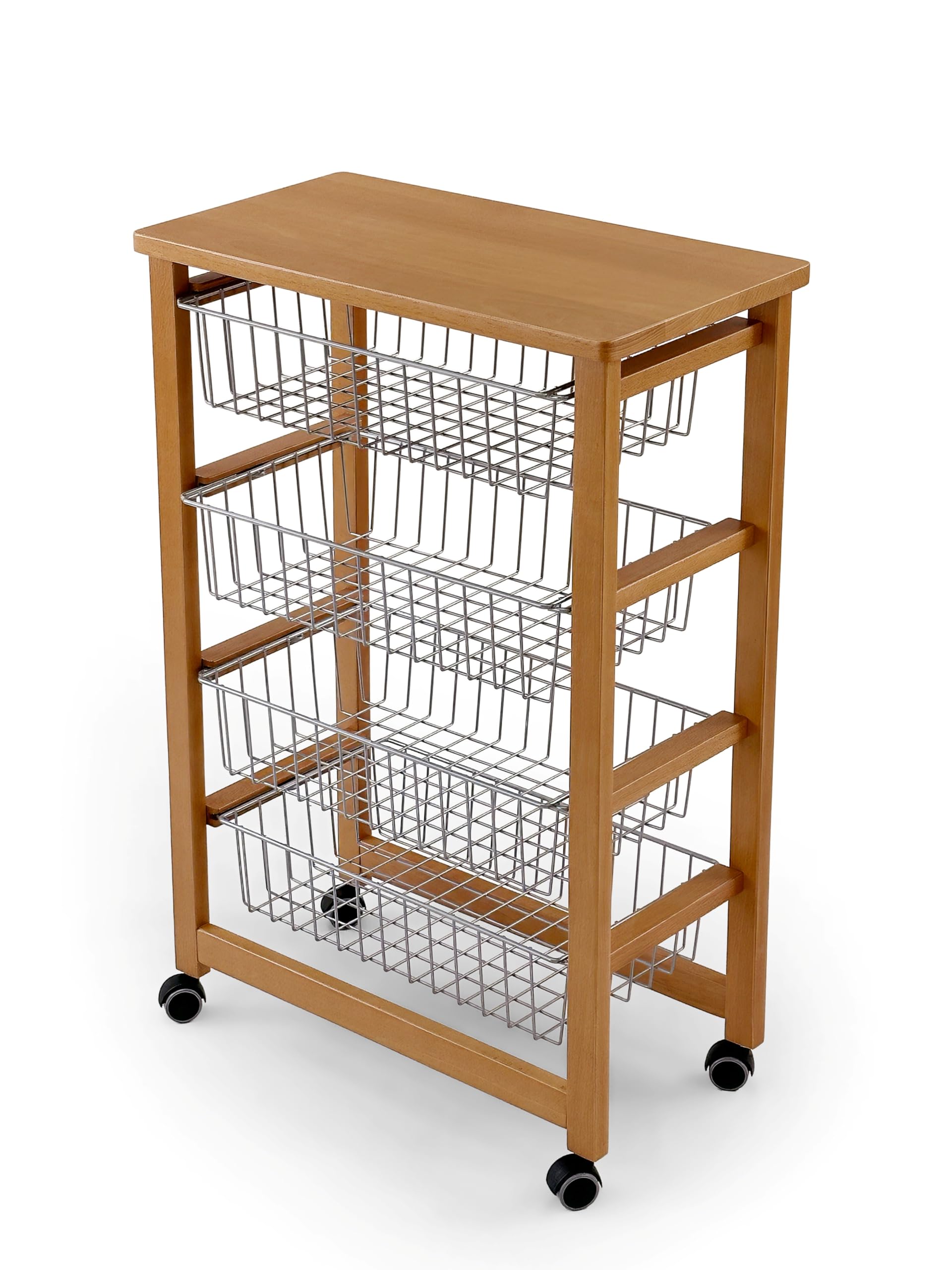 Arredamenti Italia Carrello da cucina MIKON, Carrello da cucina con piano di lavoro in faggio massiccio, 4 cestelli - Colore ciliegio