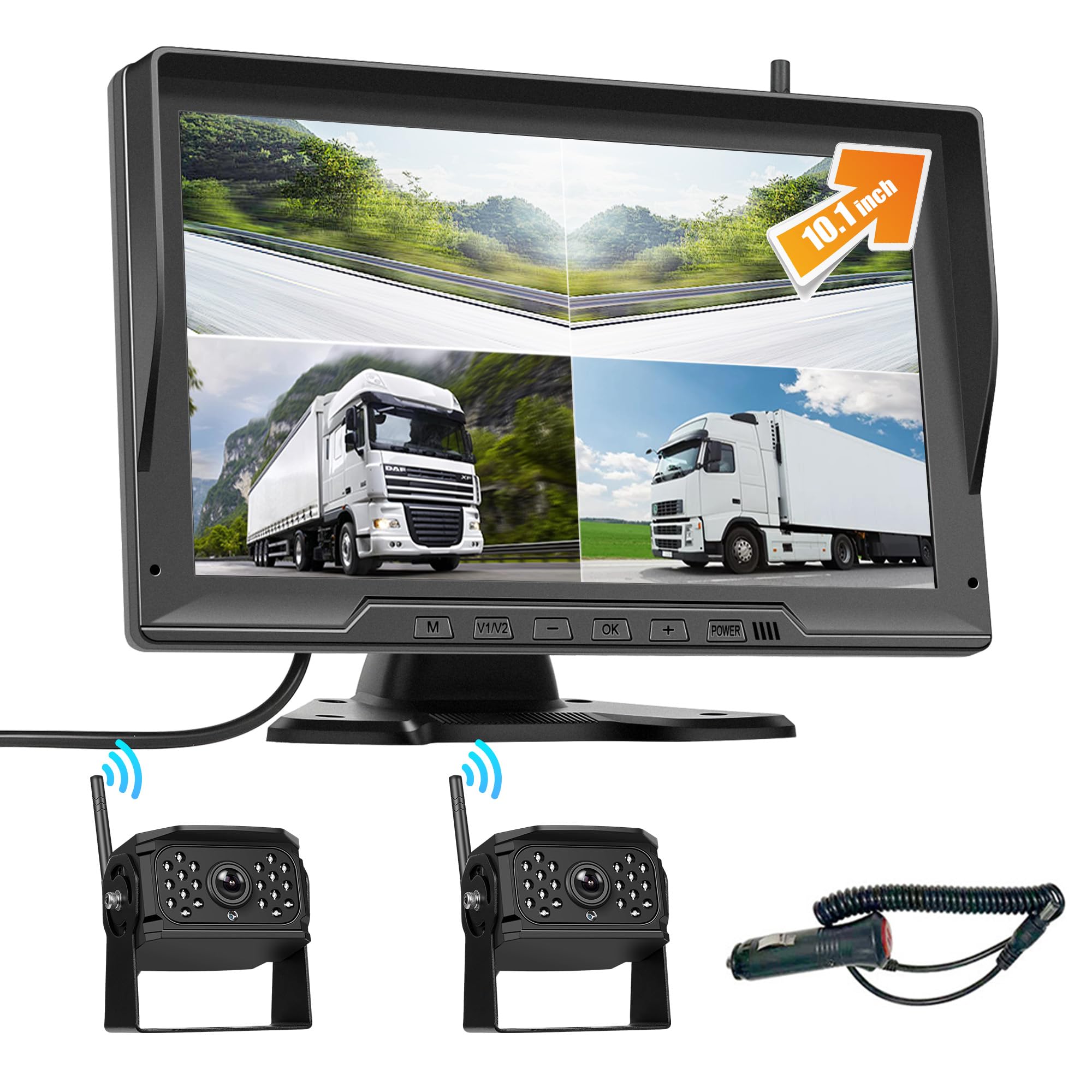 CAMECHO Kit Caméra de recul sans Fil avec écran 10.1" IPS 720P DVR +2 Caméras Étanche Vision Nocturne, Enregistrement en Boucle/Affichage Divisé 2 Vues/Inversion Image pour Véhicules Utilitaires