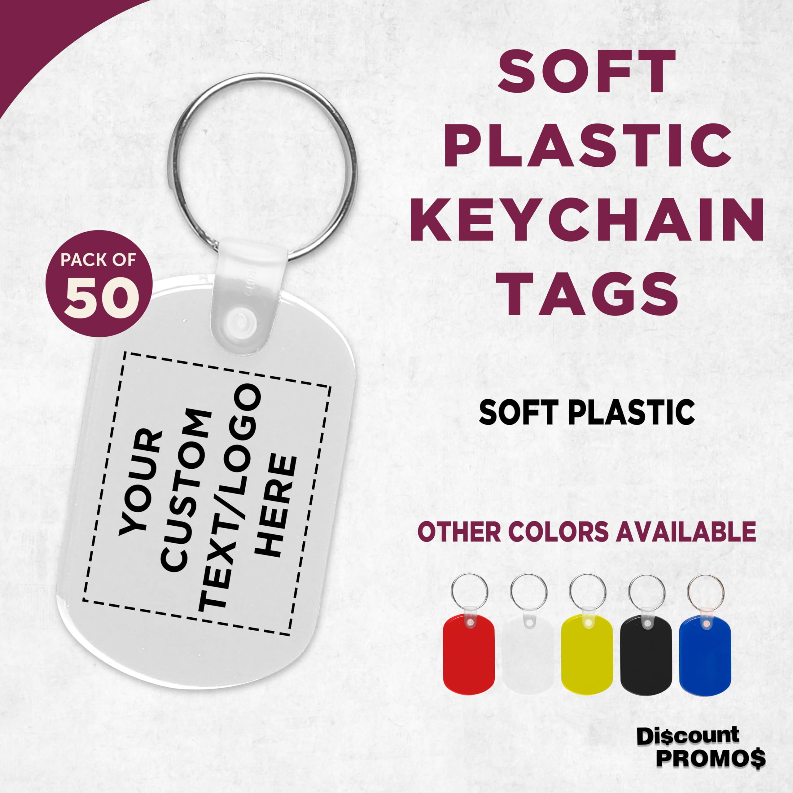 DISCOUNT PROMOS Tag Soft Plastic Keychains - 50 pack - Customizable Text, Logo - Small Key Tag Chain For Staying Organized - Rubber Key Ring Keychain – White