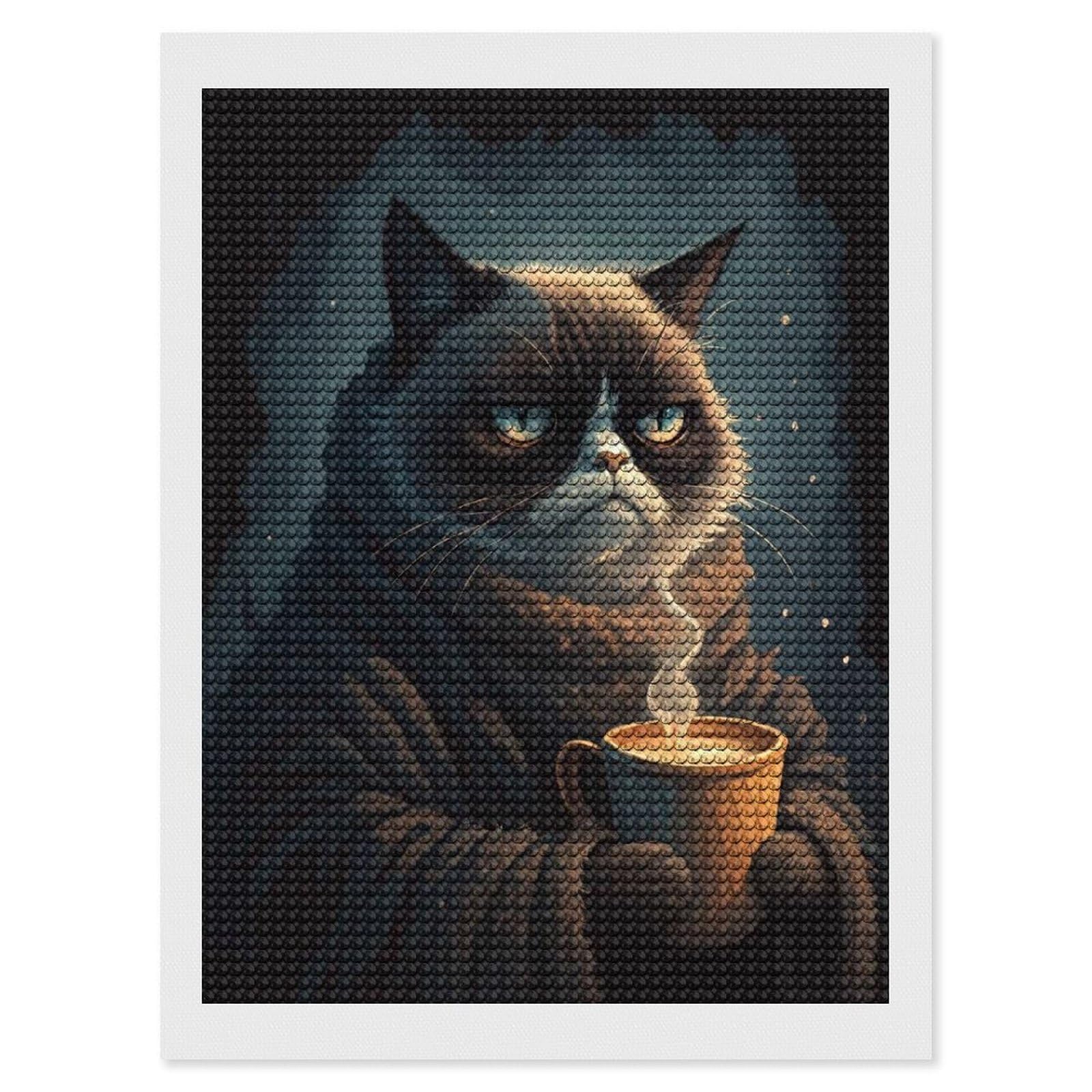Junmoney Grumpy Cat with Coffee(2) Diamond Art Canvas 12"x16", Easy Handmade Project, Complete Accessories, Bedroom Decor, Birthday Gift