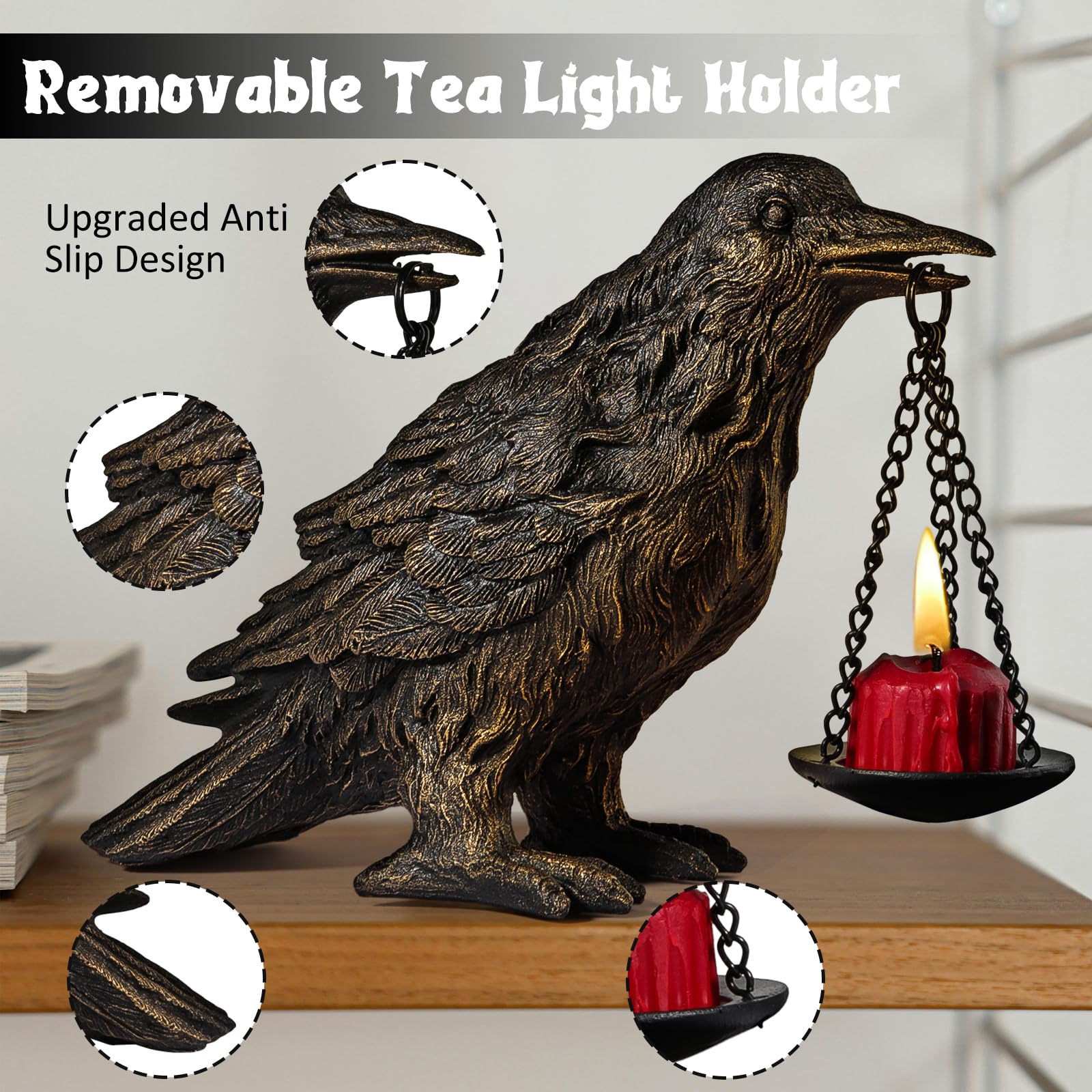 Halloween Decorations Indoor Gothic Home Decor Raven Lamp Tealight Holder for Bedroom Fake Crow Candle Holder Halloween Table Decorations Black