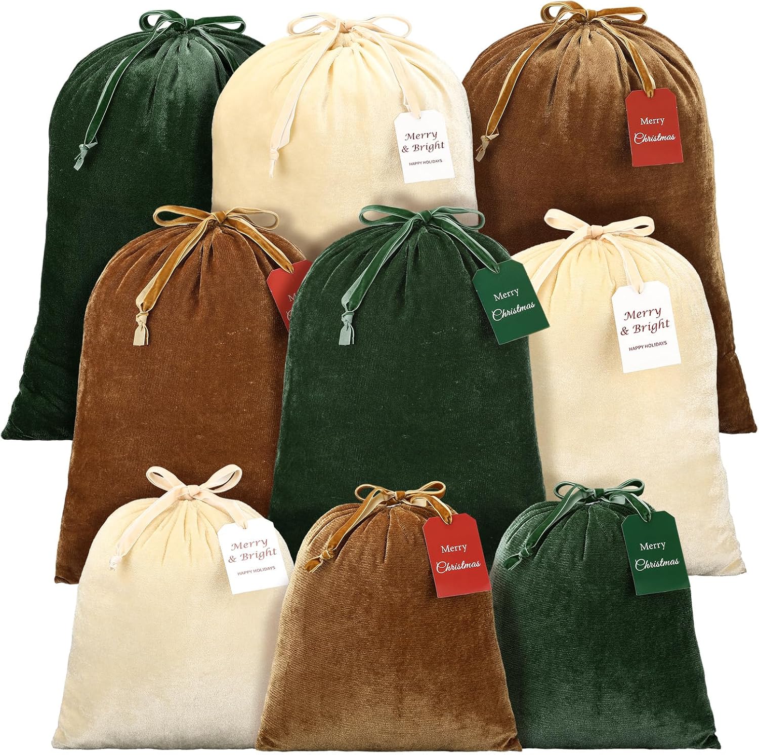 Sanwuta 9 Pcs Velvet Christmas Bags for Gifts, Beige, Brown, Green