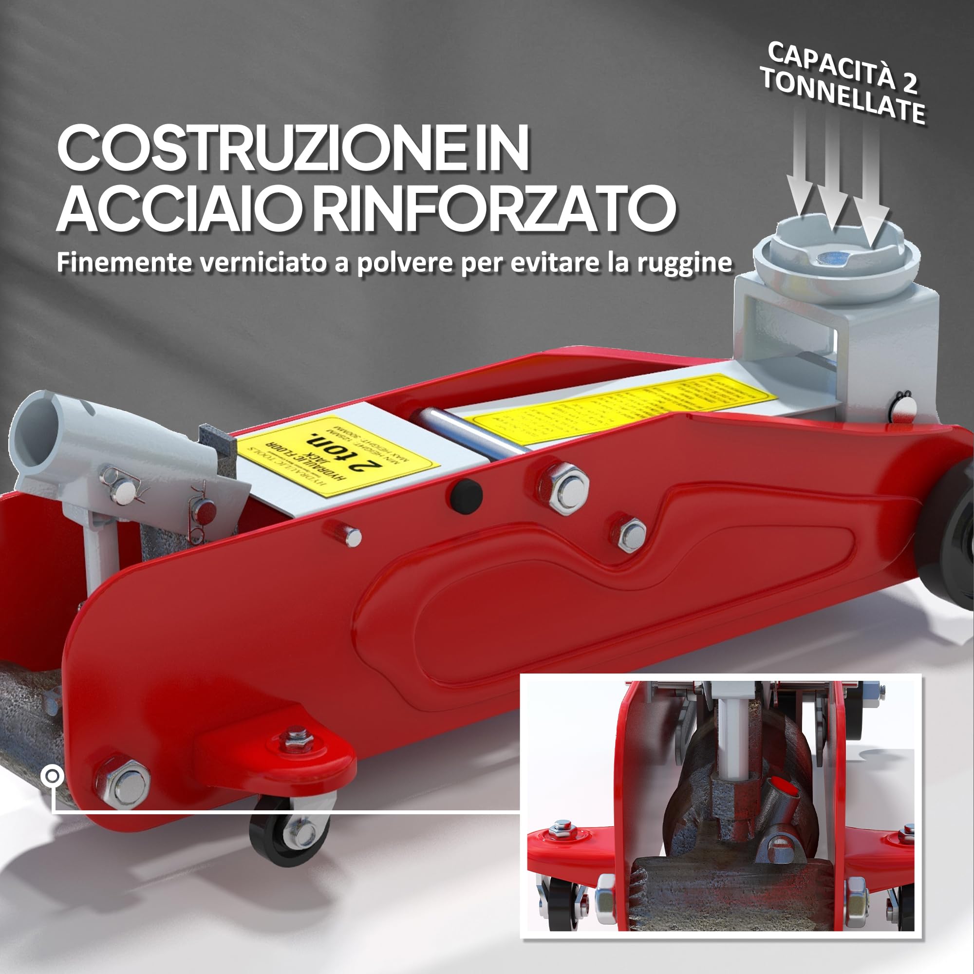 HOMCOM Cric Idraulico con Sollevamento 12-30 cm e Capacità 2 Tonnellate, Cric per Auto in Acciaio Rinforzato, Rosso