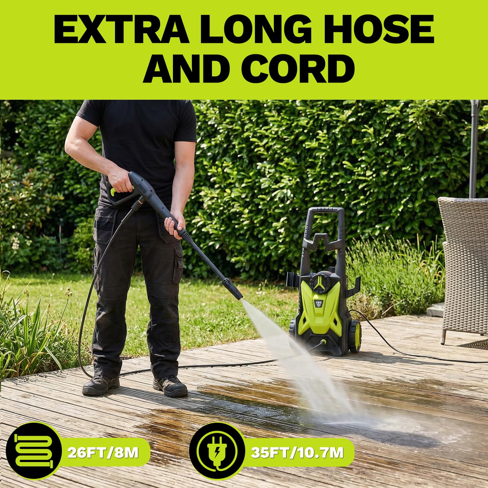 Pressure Washer Power Washer: DEKOPRO Electric Portable Pressure Washer with 35FT Cord and 26FT Hose, High Pressure Cleaning Machine for Cars, Driveway, Patio, Fence, Deck - 5