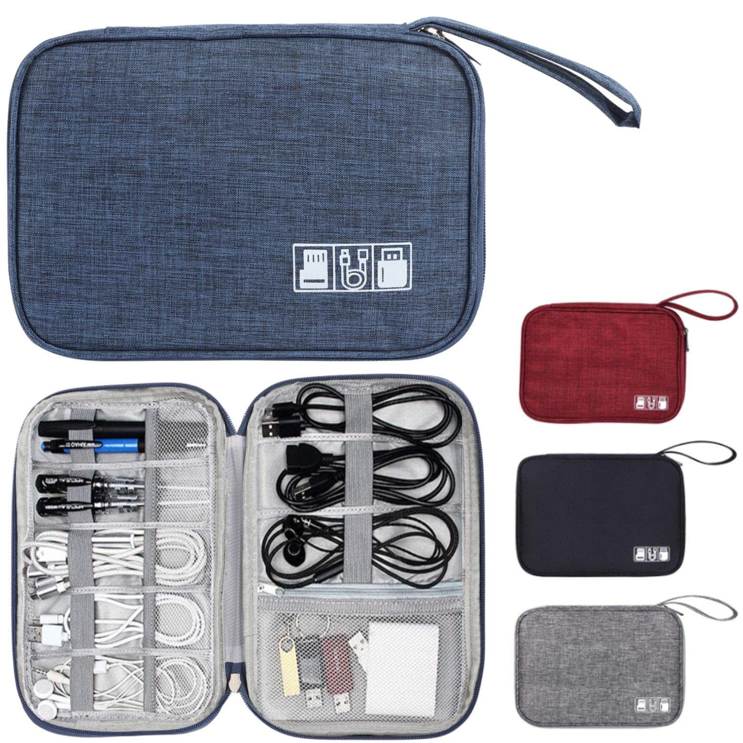 fogman ケーブル 収納 ポーチ ケース バッテリー PC周辺機器 ガジェット 大容量 薄型 (ブルー)