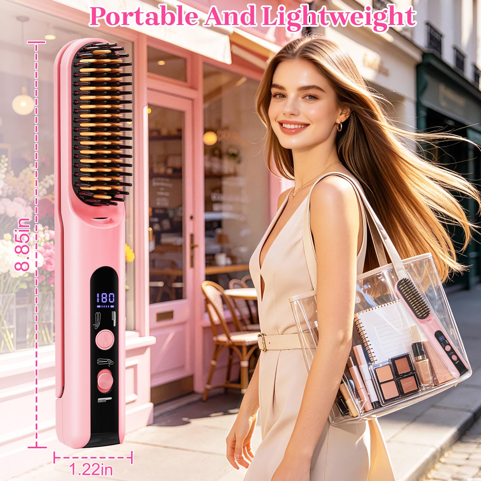 Peine de viaje portátil con calefacción para mujer, cepillo alisador inalámbrico 2 en 1 para alisar y rizar el cabello corto, 4 niveles de temperatura, mini herramientas compactas de peinado para