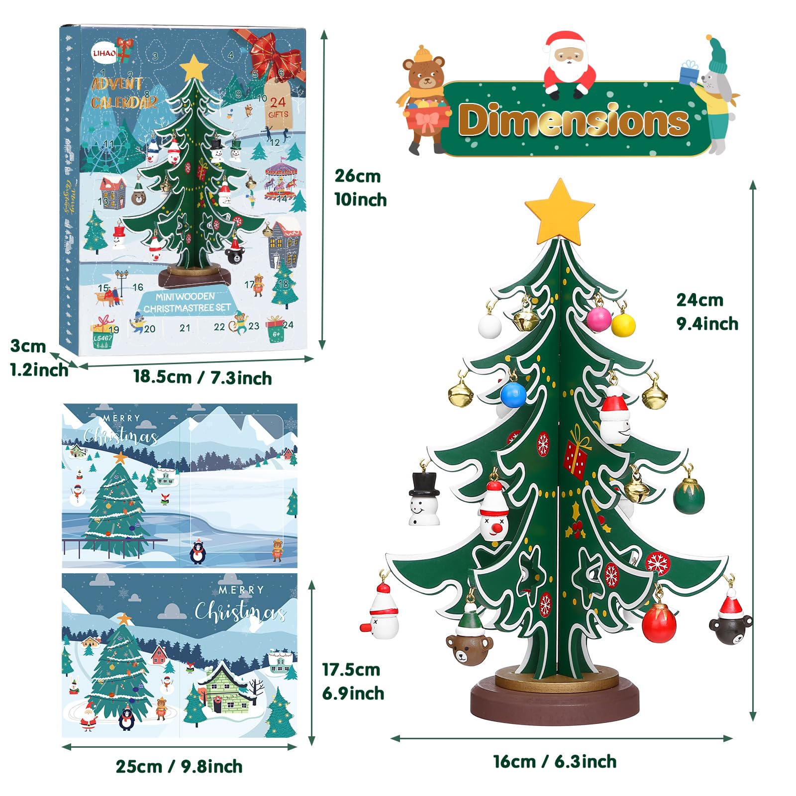 LIHAO Calendario dell'Avvento 2026, Mini Albero di Natale in Legno con 24 Ornamenti Pendenti Decorazione Natale Conto alla Rovescia DIY Regalo di Natale per Bambini Adulti