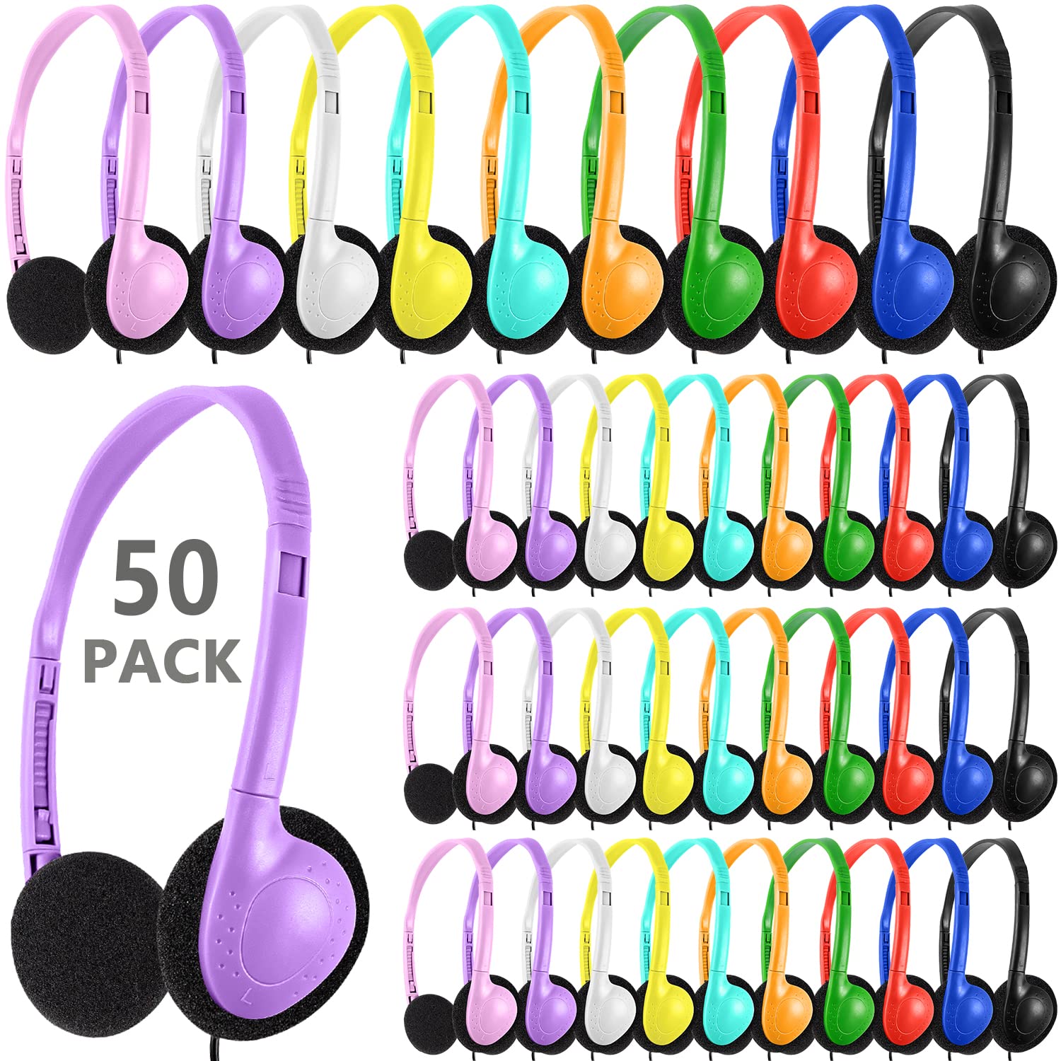 XOSDA 50 Pack Bulk Classroom Headphones for Kids Students School, Multi Color Wired Headphones with 3.5mm Jack for Children Chromebook Laptop PC