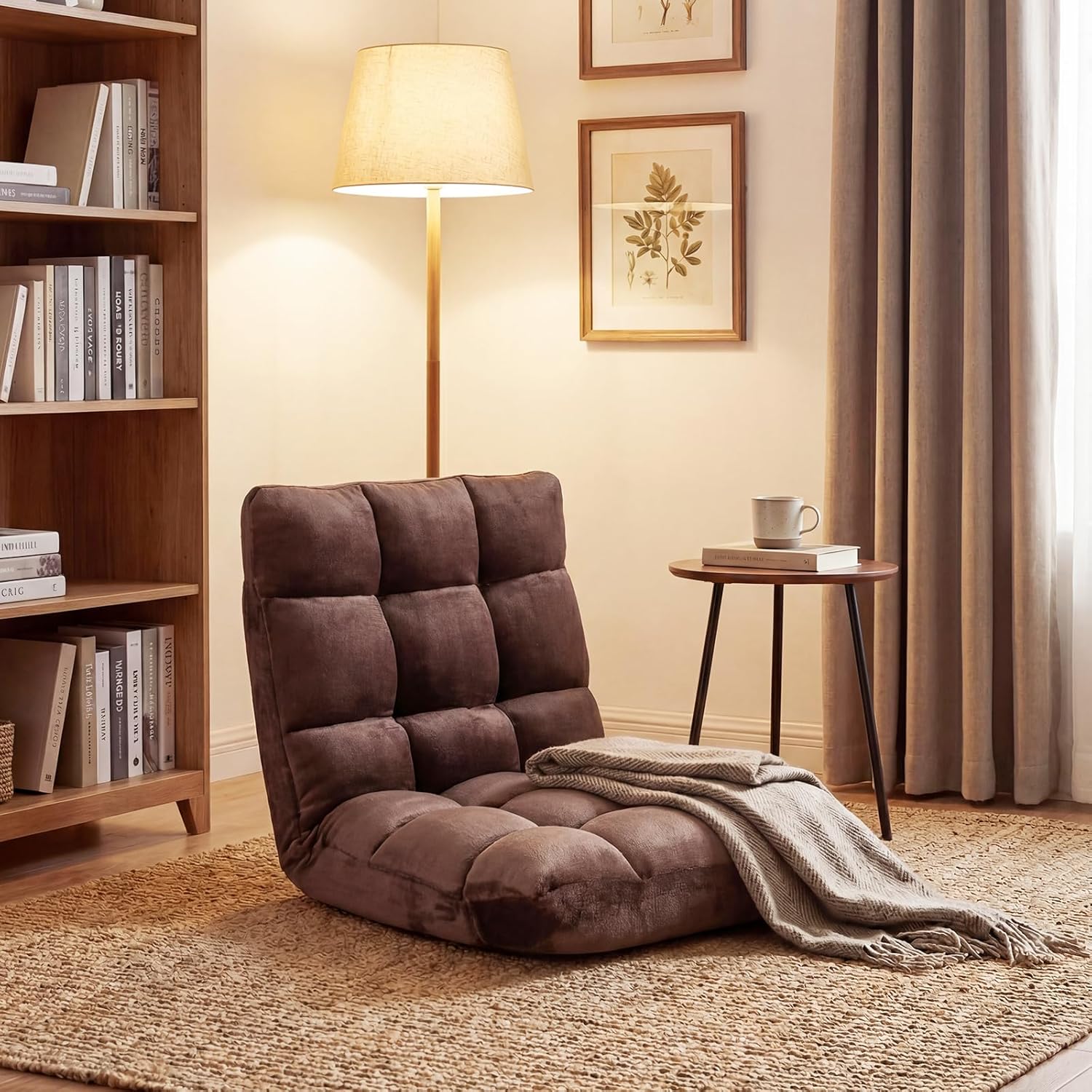 MAT EXPERT Floor Chair with Back Support, Floor Gaming Chair w/ 14 Adjustable Position, Soft Coral Fleece&Alloy Steel Frame, Foldable Padded Lazy Couch Recliner for Meditating (Coffee, Small)