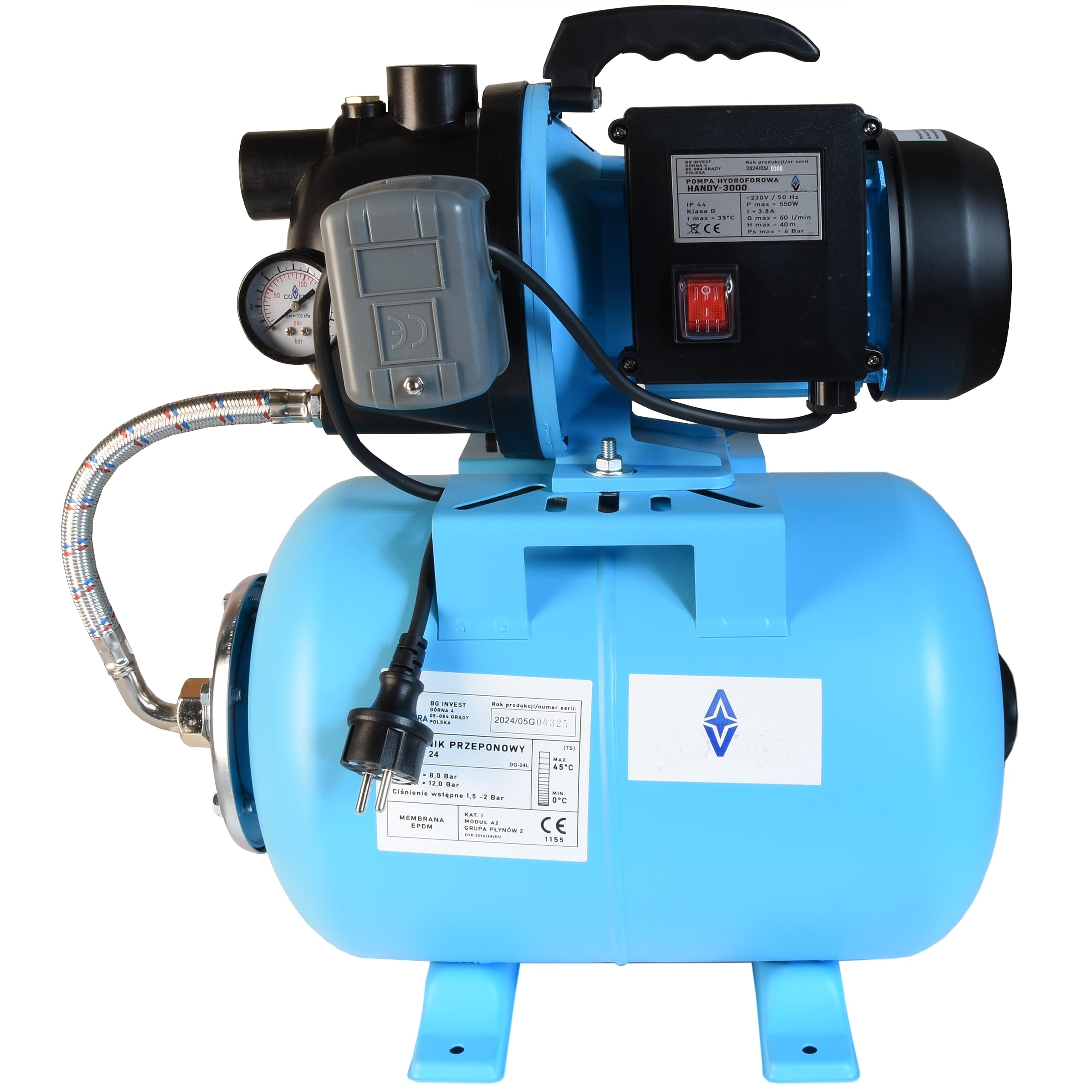 Hydrofor do Wody 24L ZESTAW HYDROFOROWY Pompa Hydroforowa HANDY 3000 (550 W, 3000 l/h, max. podnoszenie 40 m) Zbiornik Przeponowy 24 Litry Osprzęt WYDAJNY