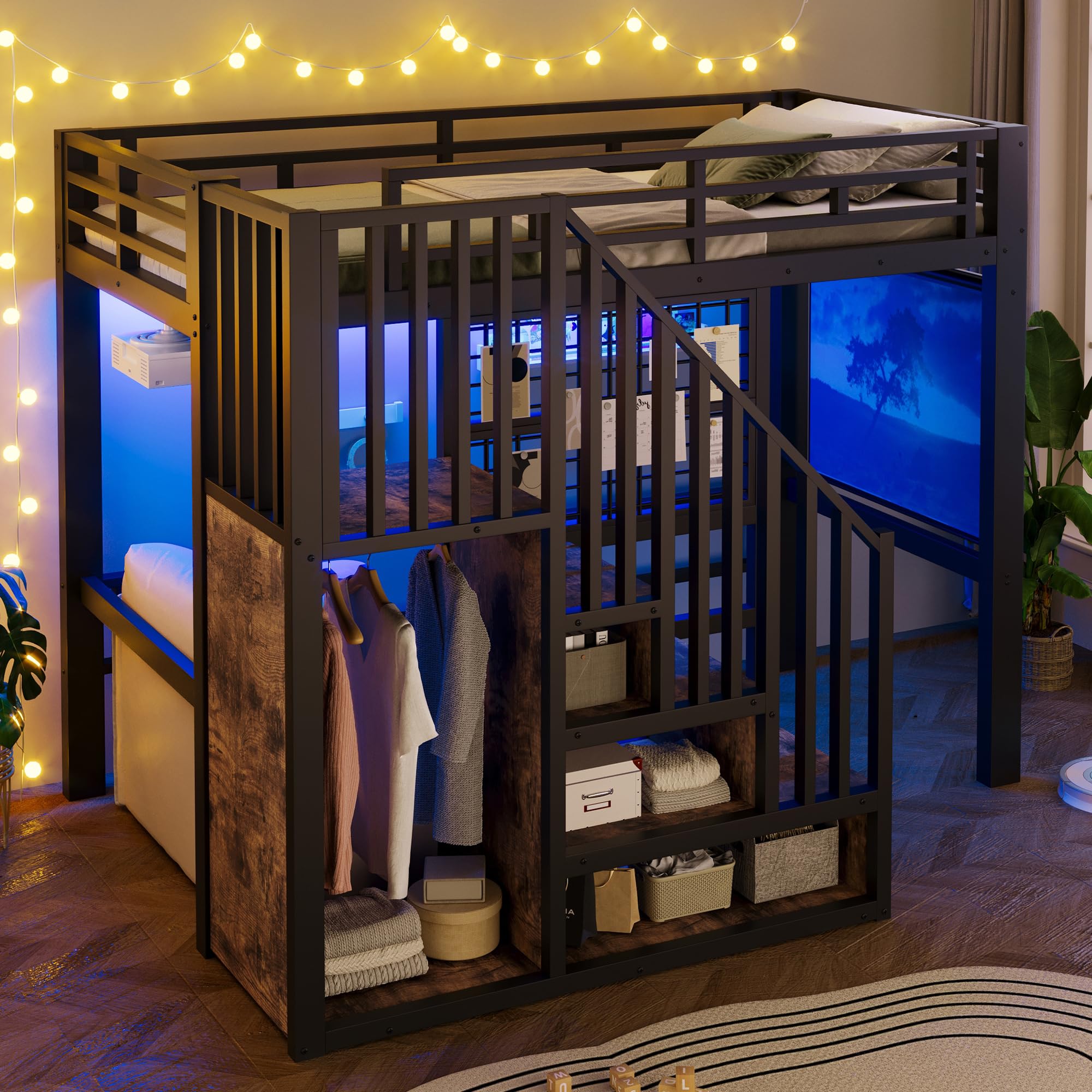 Cama alta de 90 x 200 cm con escalera de almacenamiento, cama de hierro con barandilla, cama alta para niños con luz LED, con proyector, sin colchón, color negro