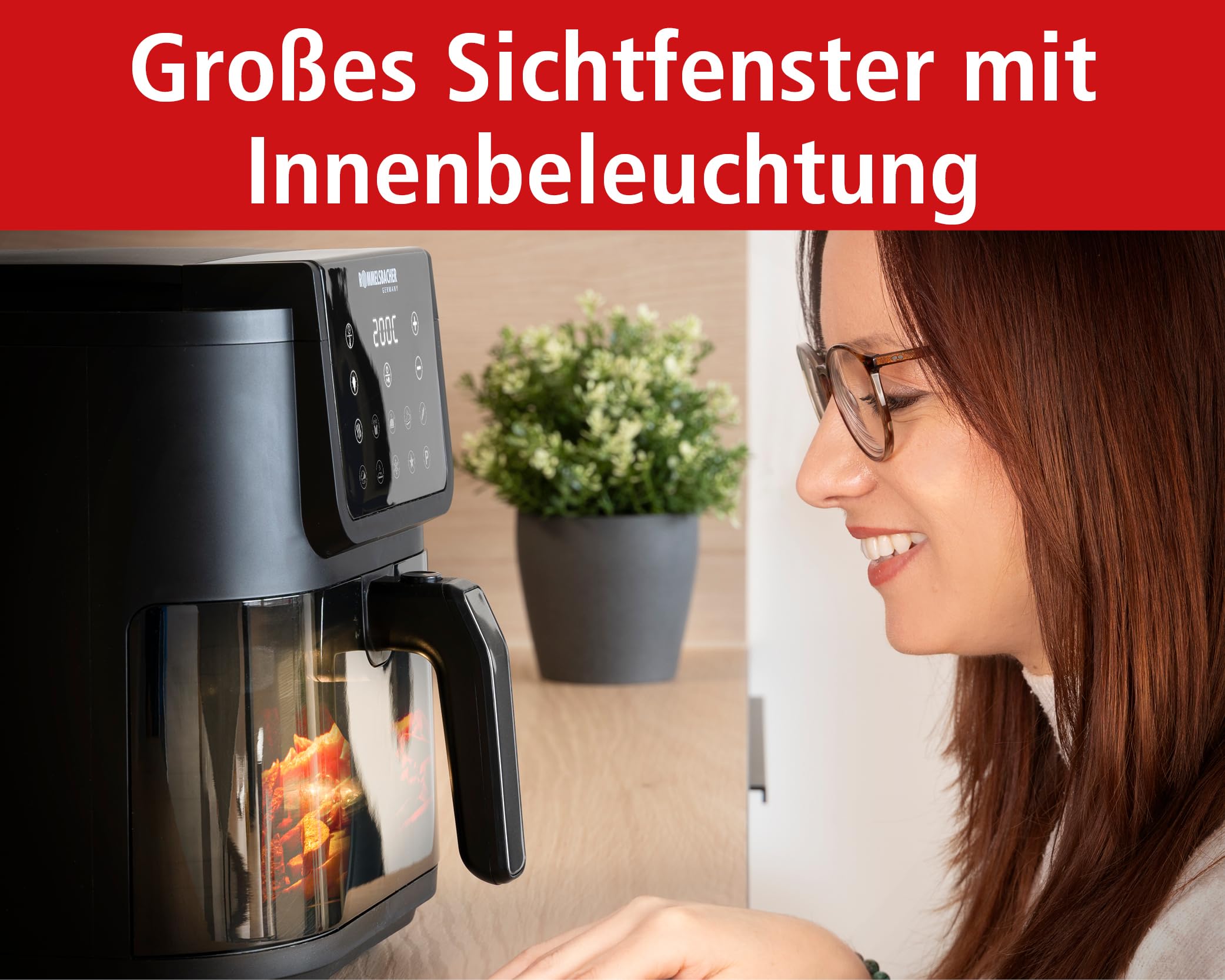 ROMMELSBACHER Heißluftfritteuse FRH 1700, XXL-Backraum 8 Liter (ca. 21 x 30 cm) für 1.000 g Pommes, sehr leiser Betrieb 45 db(A), 10 Programme, 60-200 °C, großes Sichtfenster mit Innenraumbeleuchtung