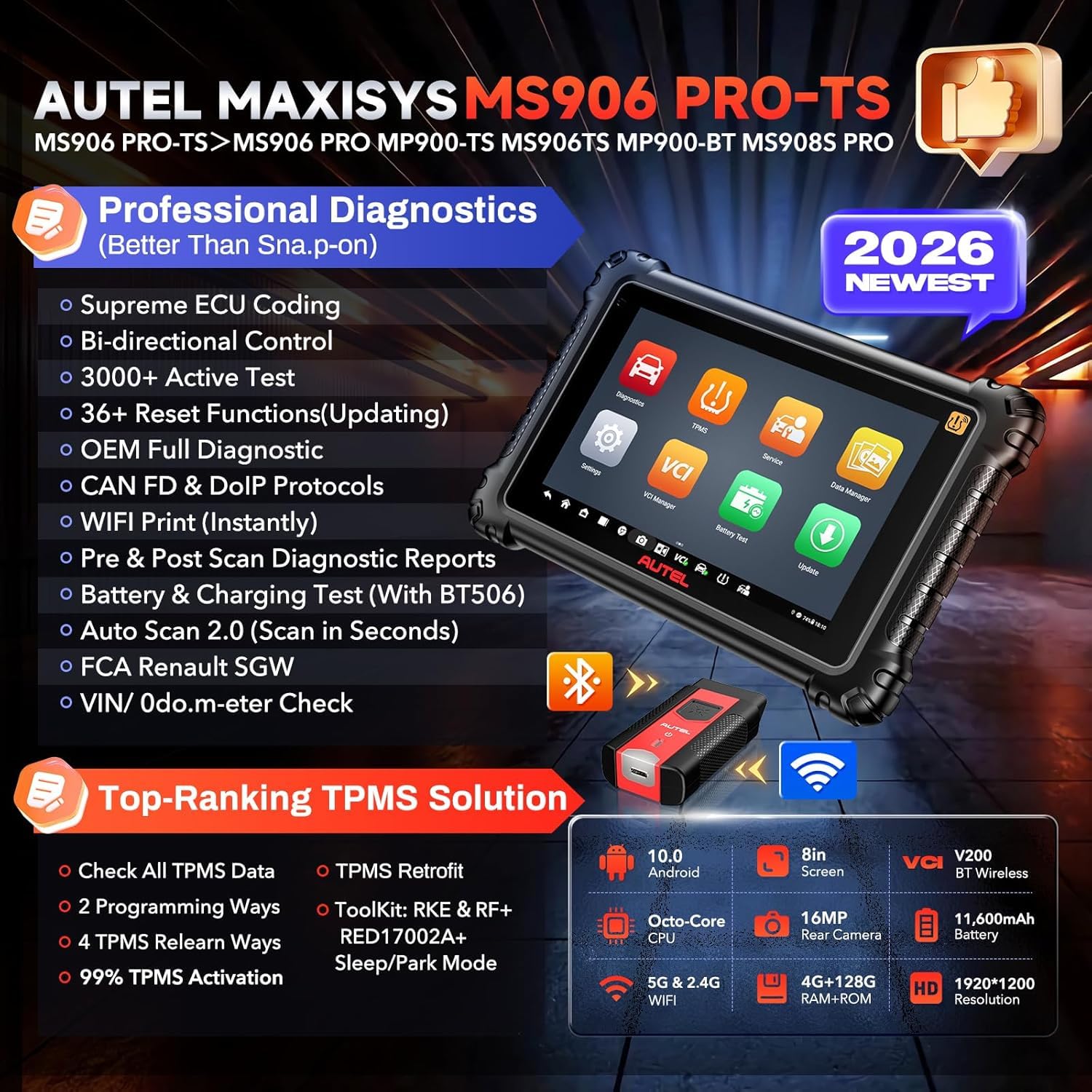 Autel MaxiSYS MS906 PRO-TS Diagnosegerät Auto, 2026 MS906 Pro TS Ver Verbesserter MS906MAX MS906PRO MP900TS MP900BT, Fortschrittliche TPMS, CAN FD&DoIP, Bidirektionales, 3K+ Aktive Tests, 36+ Dienste
