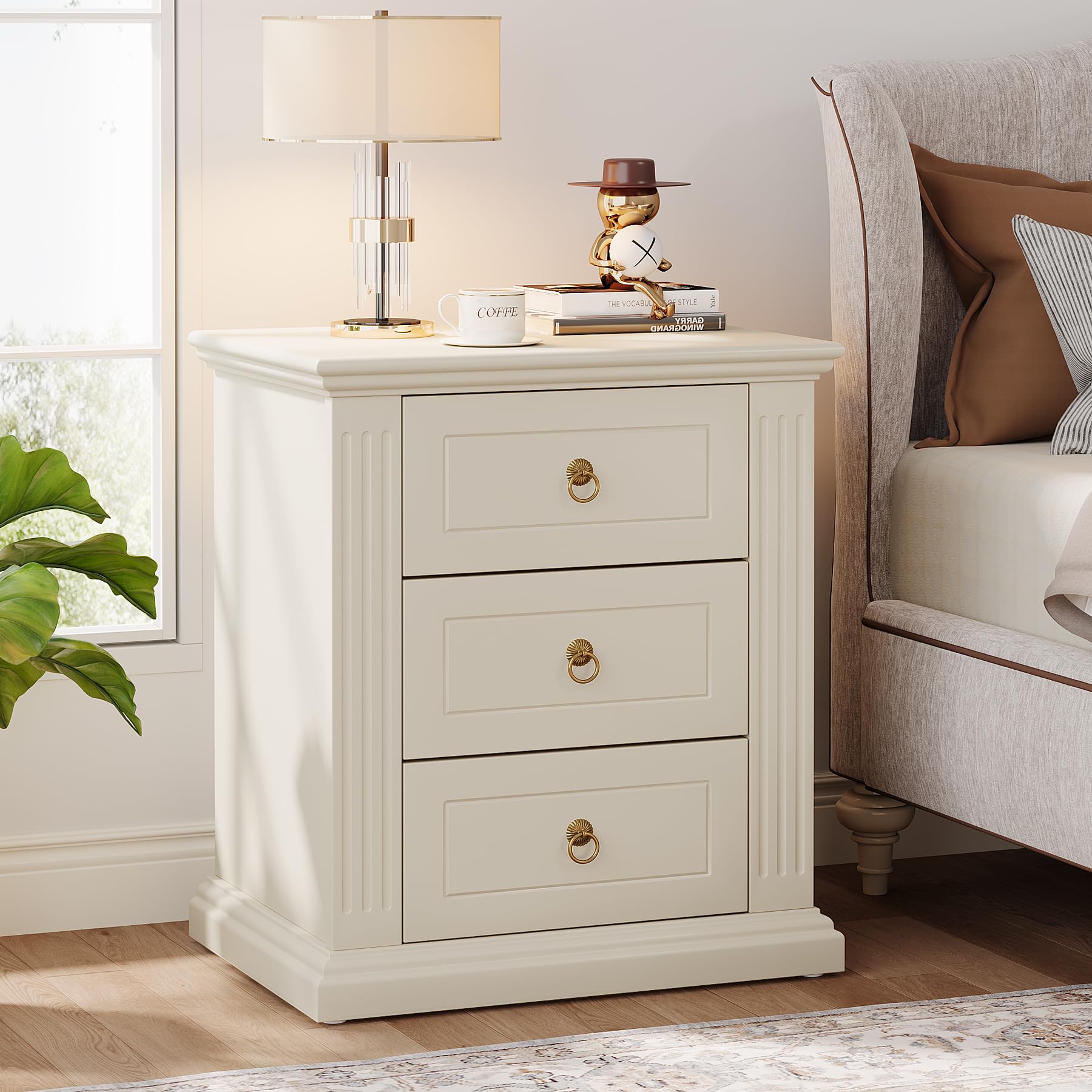 Tribesigns 3-Drawer Nightstand, Modern Night Stand with Storage Drawers, Wood Bedside Table Side End Table for Bedroom, Beige