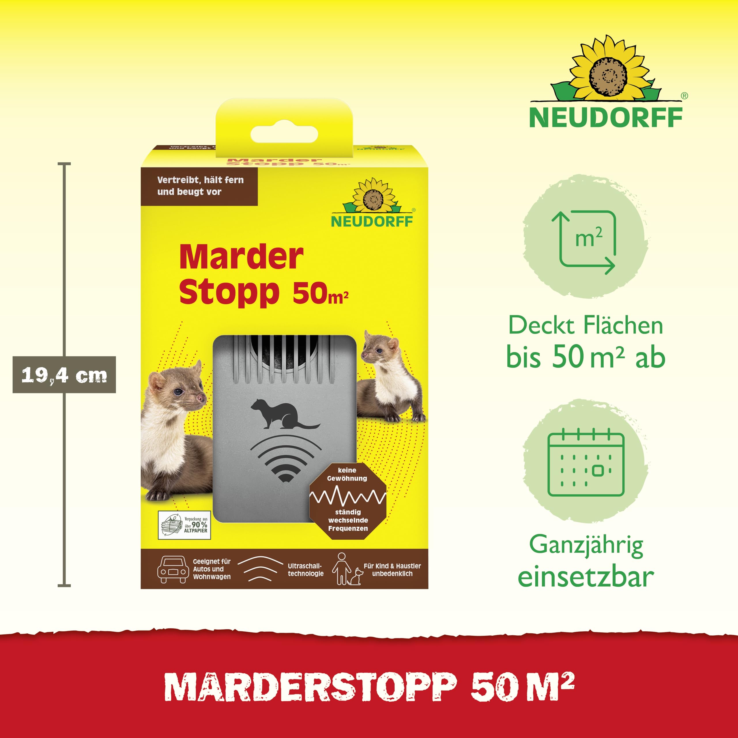 Neudorff MarderStopp 50m² - Vertreibt Marder sofort und dauerhaft aus Autos, Wohnwagen, Dachböden und Garagen. Anti Gewöhnungseffekt, batteriebetrieben, 1 Stück