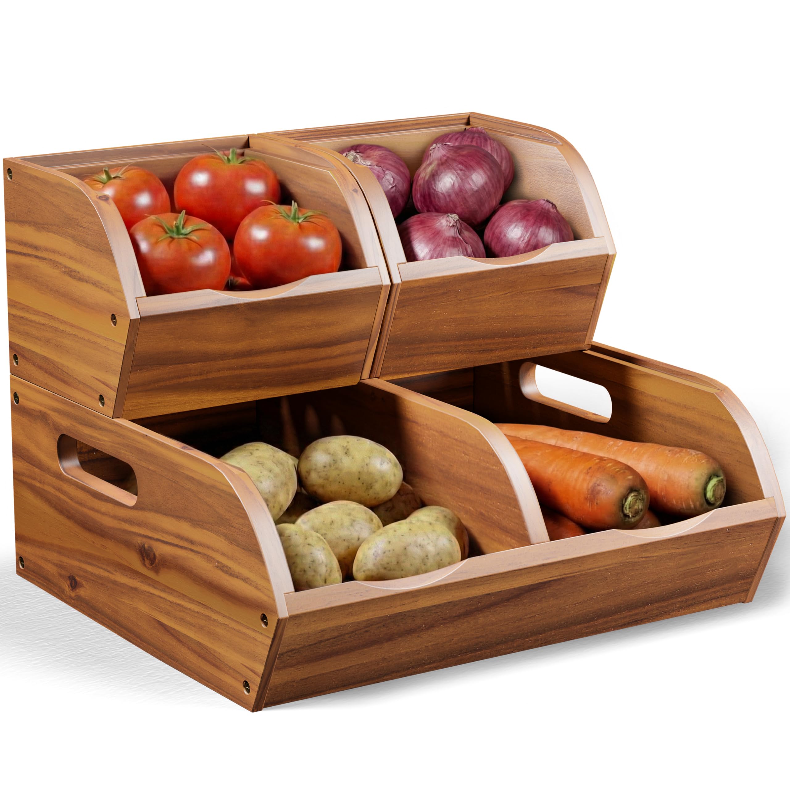 NAGAWOOD Acacia Wood Pantry Storage Bins – Stackable Open Front Kitchen Baskets for Potato, Onion, Fruit, Bread & More – Rustic Wooden Basket for Pantry - Easy Assembly with Tools & Hardware Included