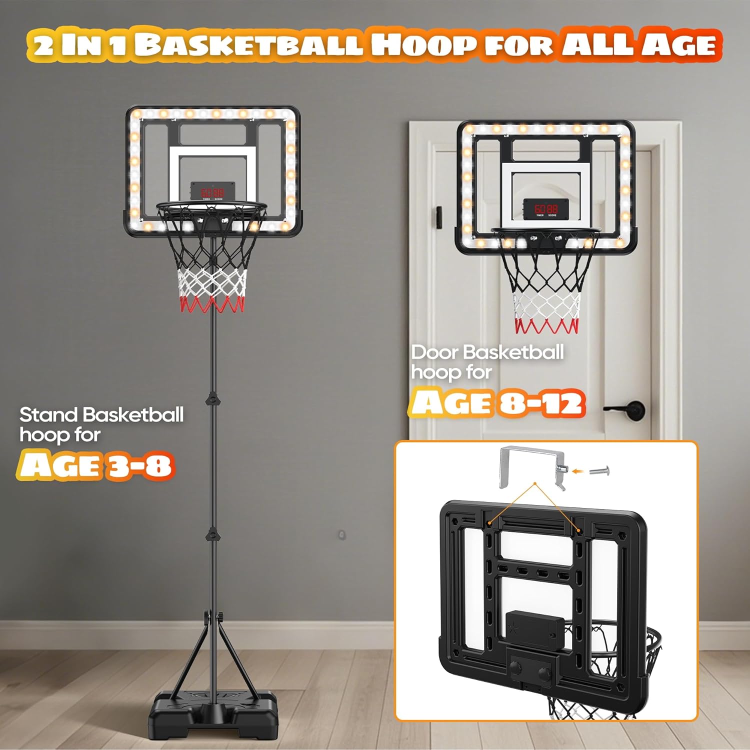 Kids Indoor Basketball Hoop with Scoreboard & Timer,Toddler Adjustable Height Basketball Goal Toy for Outdoor Backyard,Sports Game Play