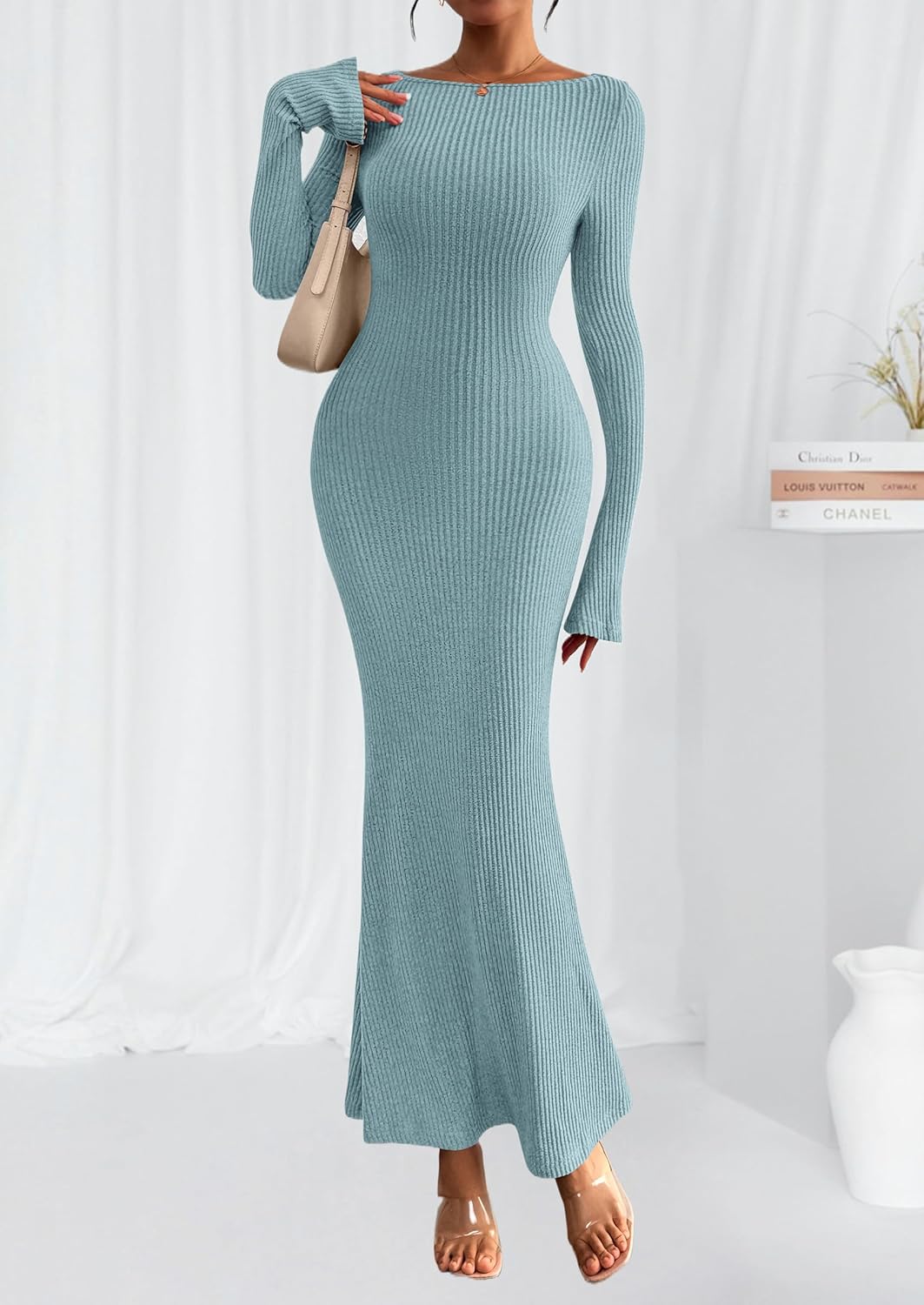 PRETTYGARDEN Women's Fall Fashion 2026 Long Sleeve Maxi Dress Ribbed Knit Boat Neck Bodycon Casual Dresses Going Out Outfits - Image 6