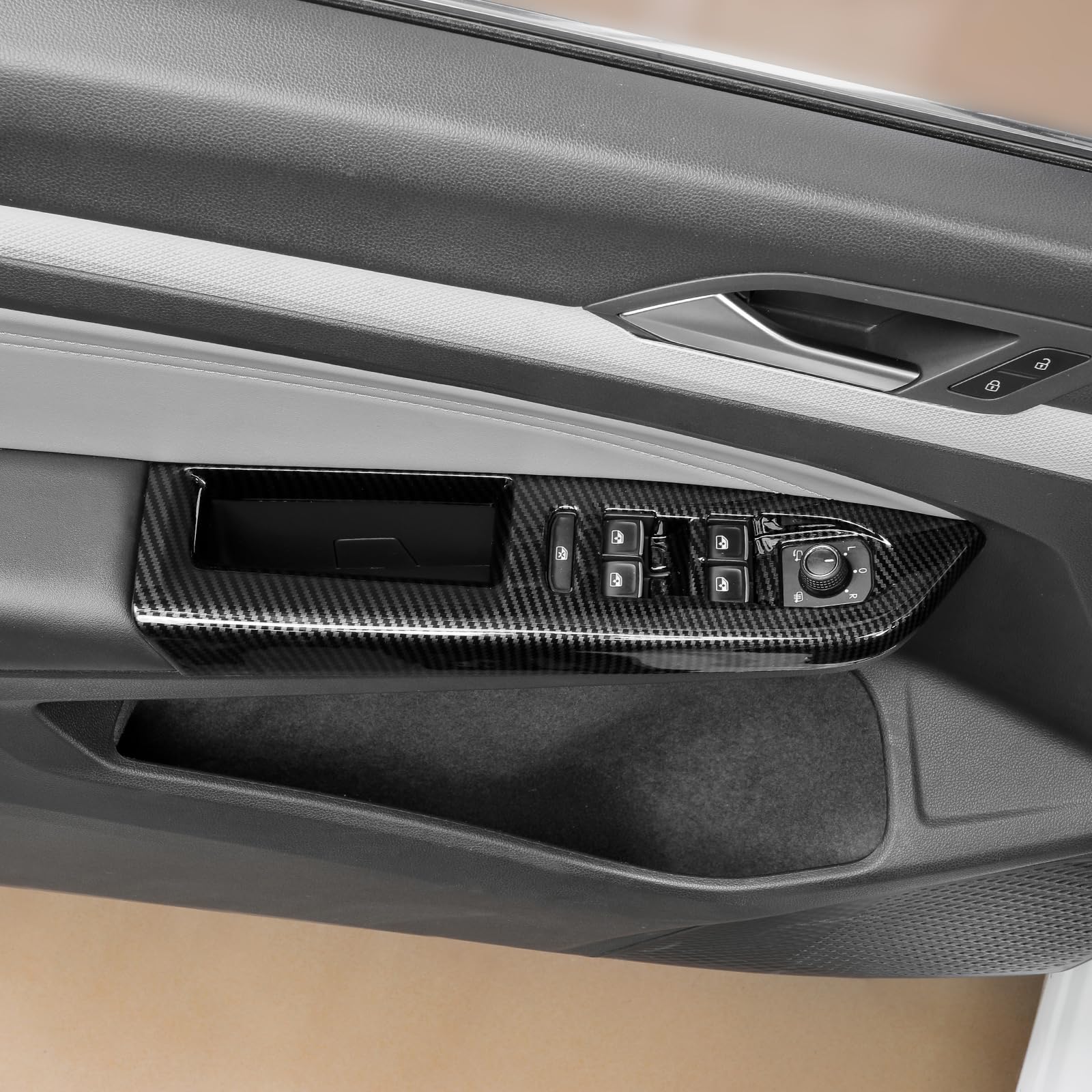 Fensterheber Abdeckung für VW Golf 8 2020 – 2025, 4-teiliges Set, ABS Interieur Dekorleisten in Rot/Carbonoptik, Passend für Tür Fensterheber Schalter