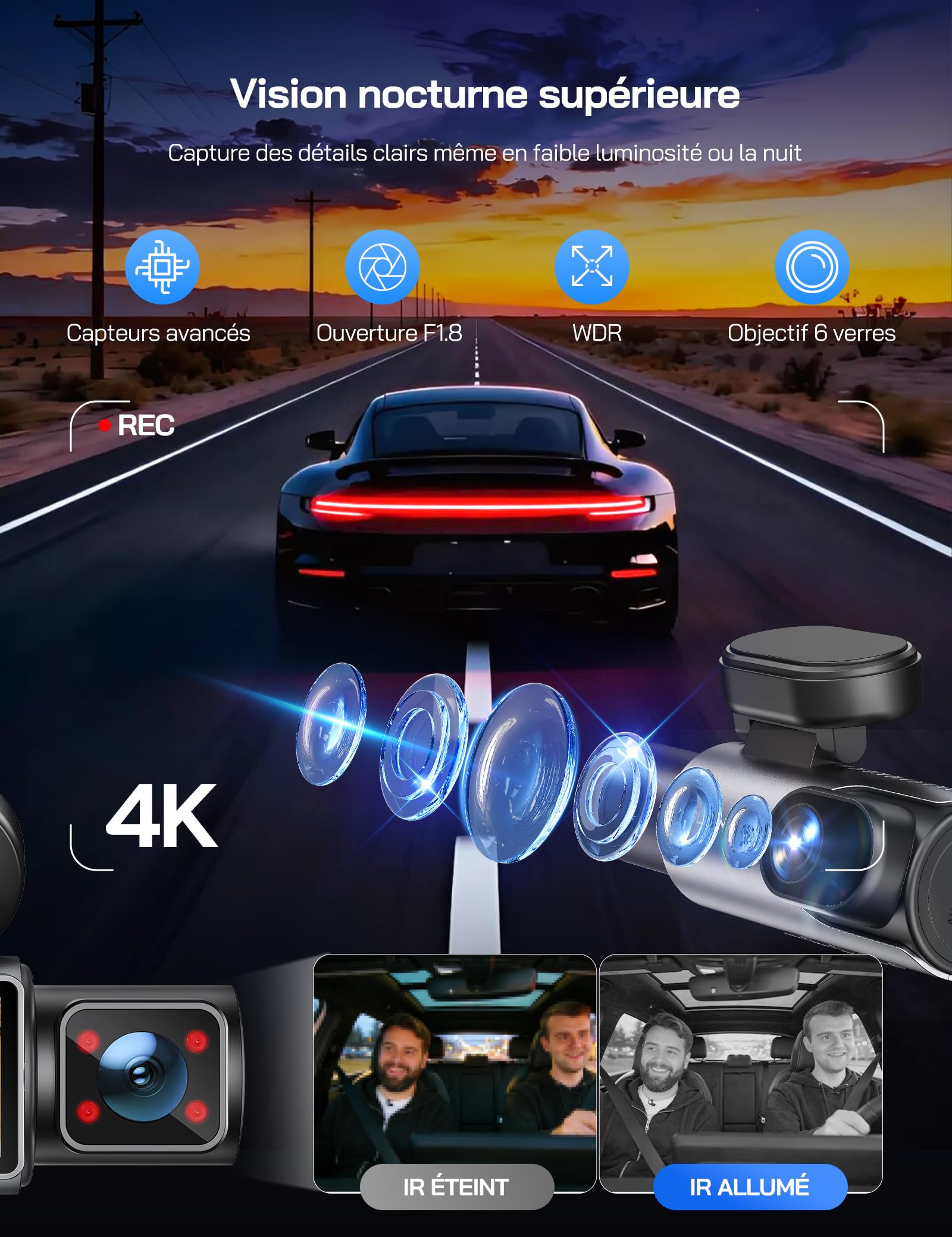WOLFANG 4K Dashcam Voiture Avant Arrière, 3 Canaux Caméra de Bord avec 24H Mode Parking, WiFi & Application, G-Capteur, WDR, Vision Nocturne, Enregistrement en Boucle