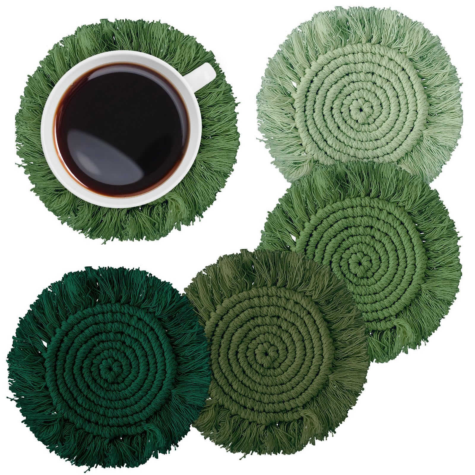 Whaline 4Pcs Boho Macrame Coasters Green Handmade Woven Drink Coasters Farmhouse Rustic Cup Mat Pad for Home Kitchen Office Table Desk Housewarming