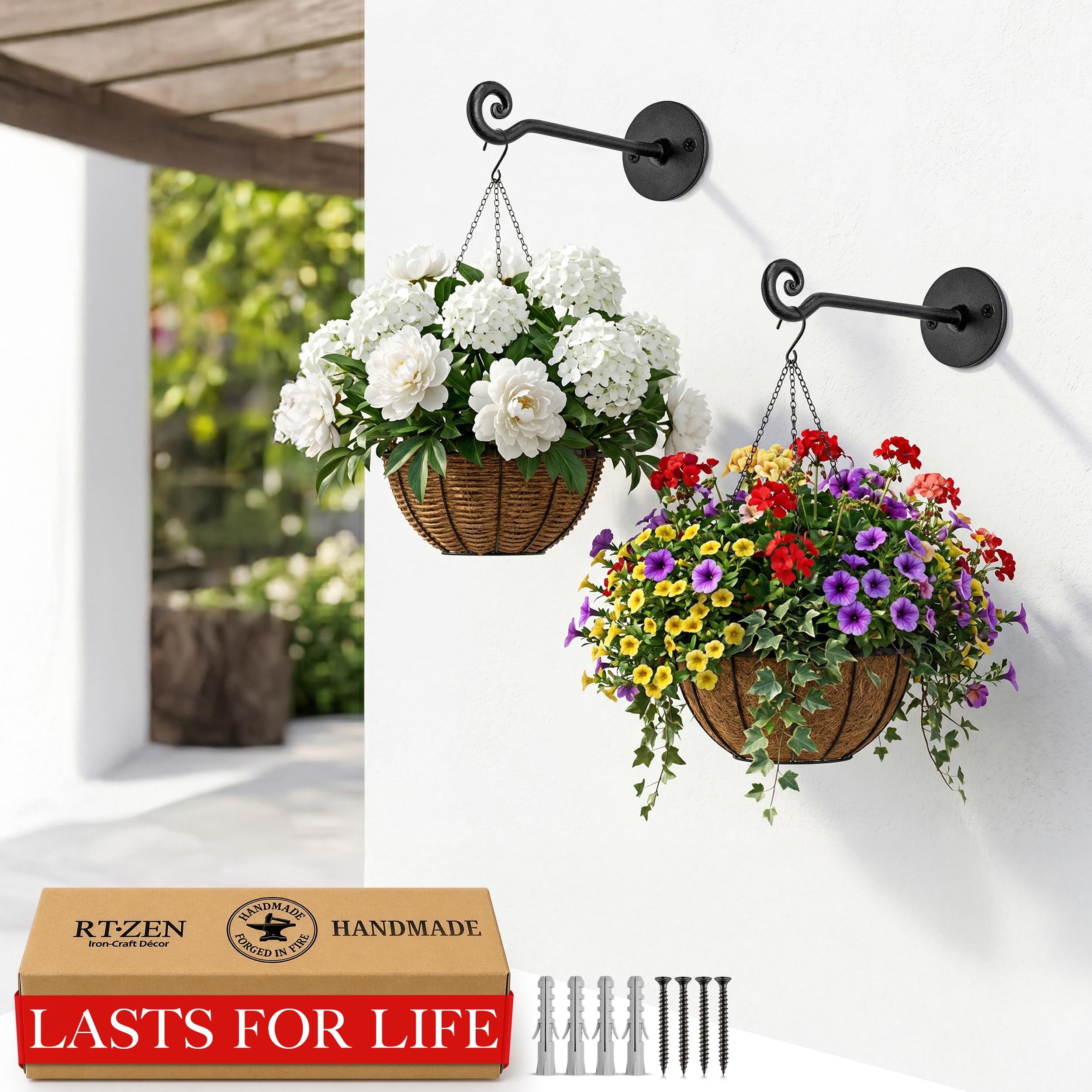RTZEN - Ganchos para plantas, exteriores o interiores, hierro forjado, soportes de pared resistentes, para cestas, faroles, carillones de viento 2 (ganchos en espiral negros)
