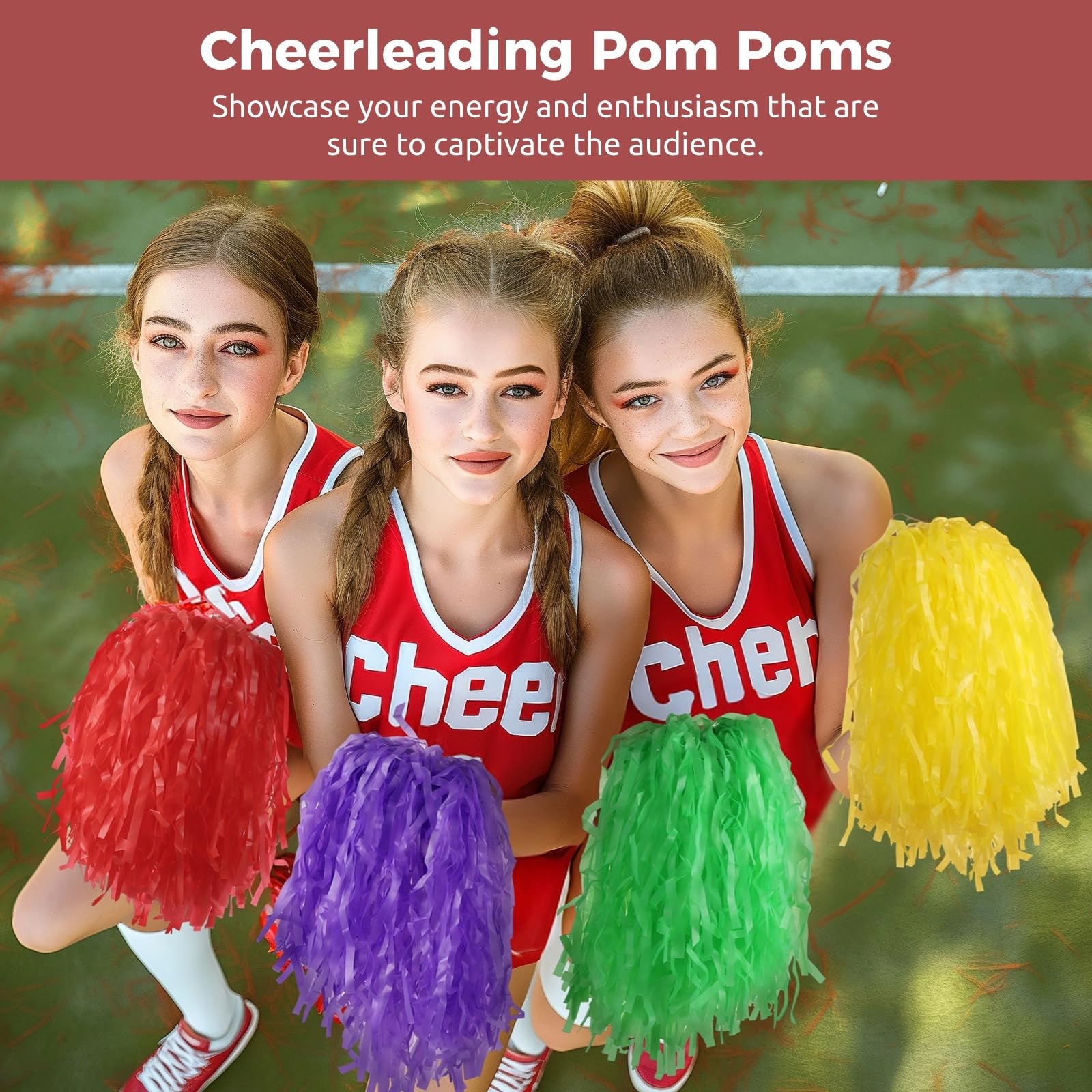 Dolltobe Sportowe pompony cheerleaderek z uchwytami na imprezę, sport, duch drużynowy, 48 sztuk plastikowych pomponów dopingujących dekoracje