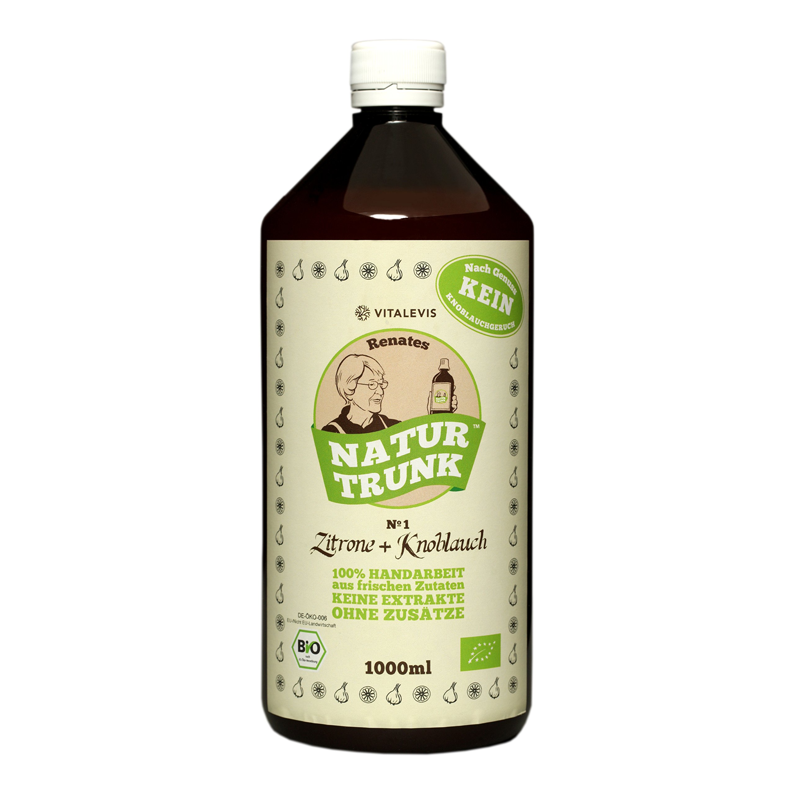 OHNE Konservierungsstoffe! Bio! Renates NaturTrunk Nr. 1 Zitrone + Knoblauch, 1x 1000ml in PET-Flasche, DE-ÖKO-006, handwerklich hergestellt in kleinen Stückzahlen mit von Hand geschältem Knoblauch.