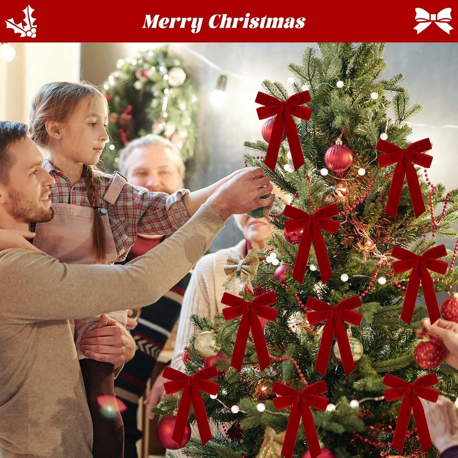 24 Pcs Velvet Christmas Tree Bows - 7 x 5 Inch Wide Ribbon Xmas Decor for Tree, Vintage Xmas for Wreaths, Festive Ribbon for Garland (Double Bows, Red) - Image 4