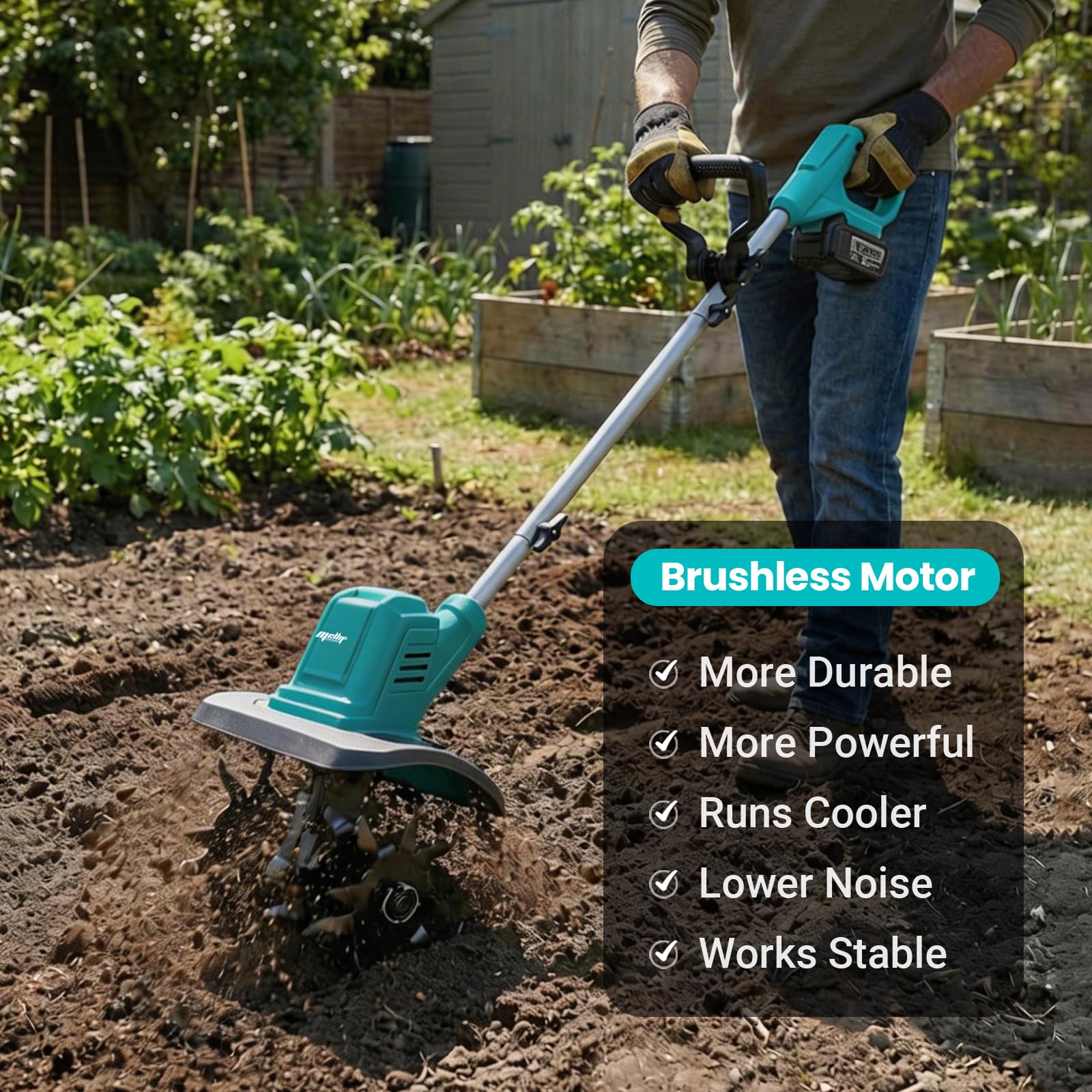Cultivador de jardín inalámbrico compatible con batería Makita de 18 V (solo herramienta), motocultor eléctrico sin escobillas plegable con ruedas ajustables, azul