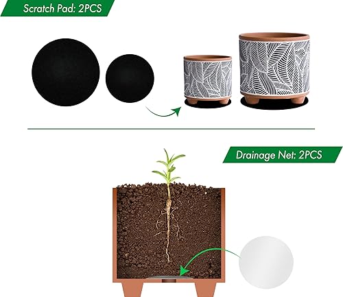 Miniatura 5 de Juego de 2 macetas de terracota, 4.4 pulgadas y 6.4 pulgadas, patrón de hojas con agujero de drenaje, terracotanegro, 31-953-H-2