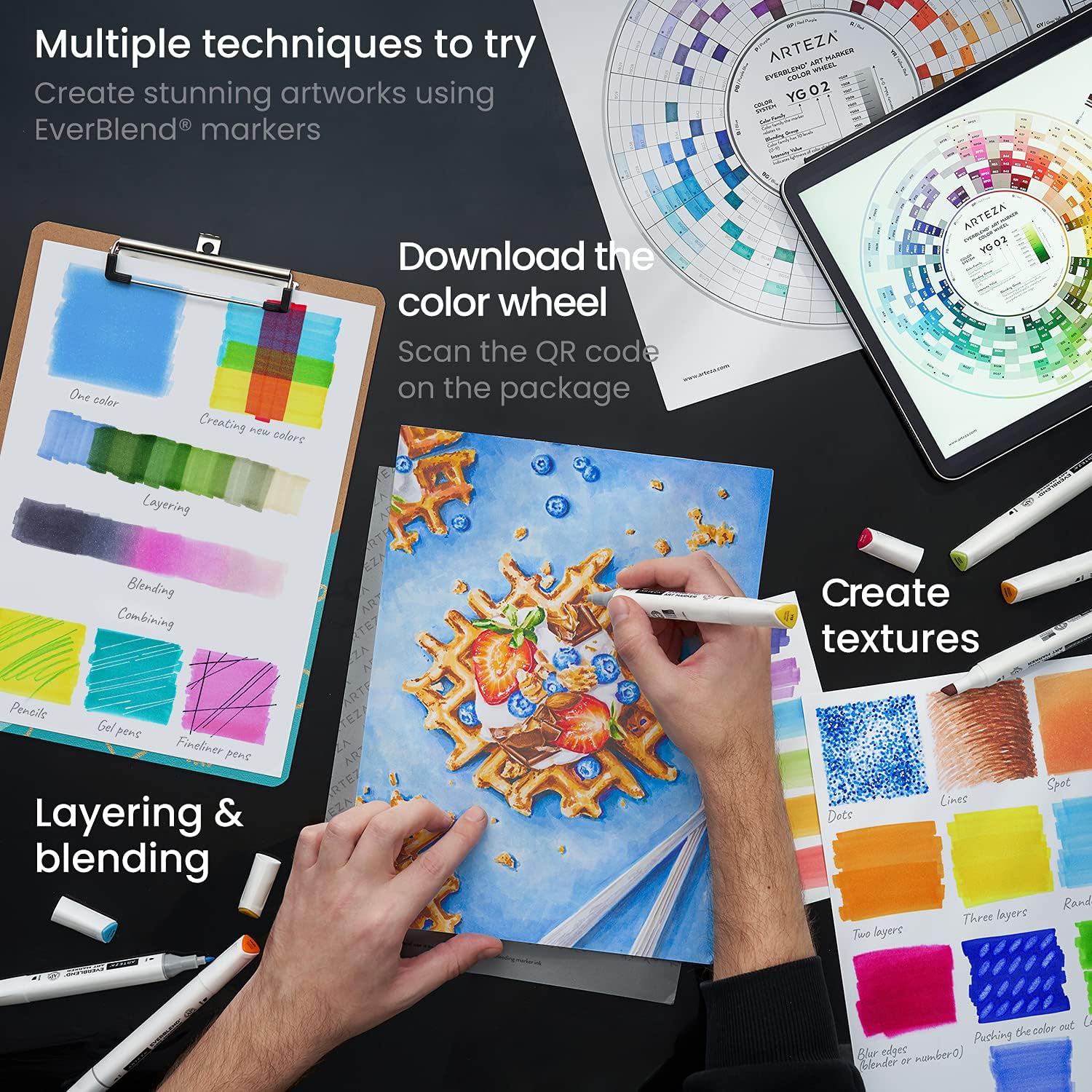 ARTEZA Alcohol Art Markers, Set of 36 Colors, Tropical Tones, Everblend Sketch Pens in Organizer Box, Dual Tips