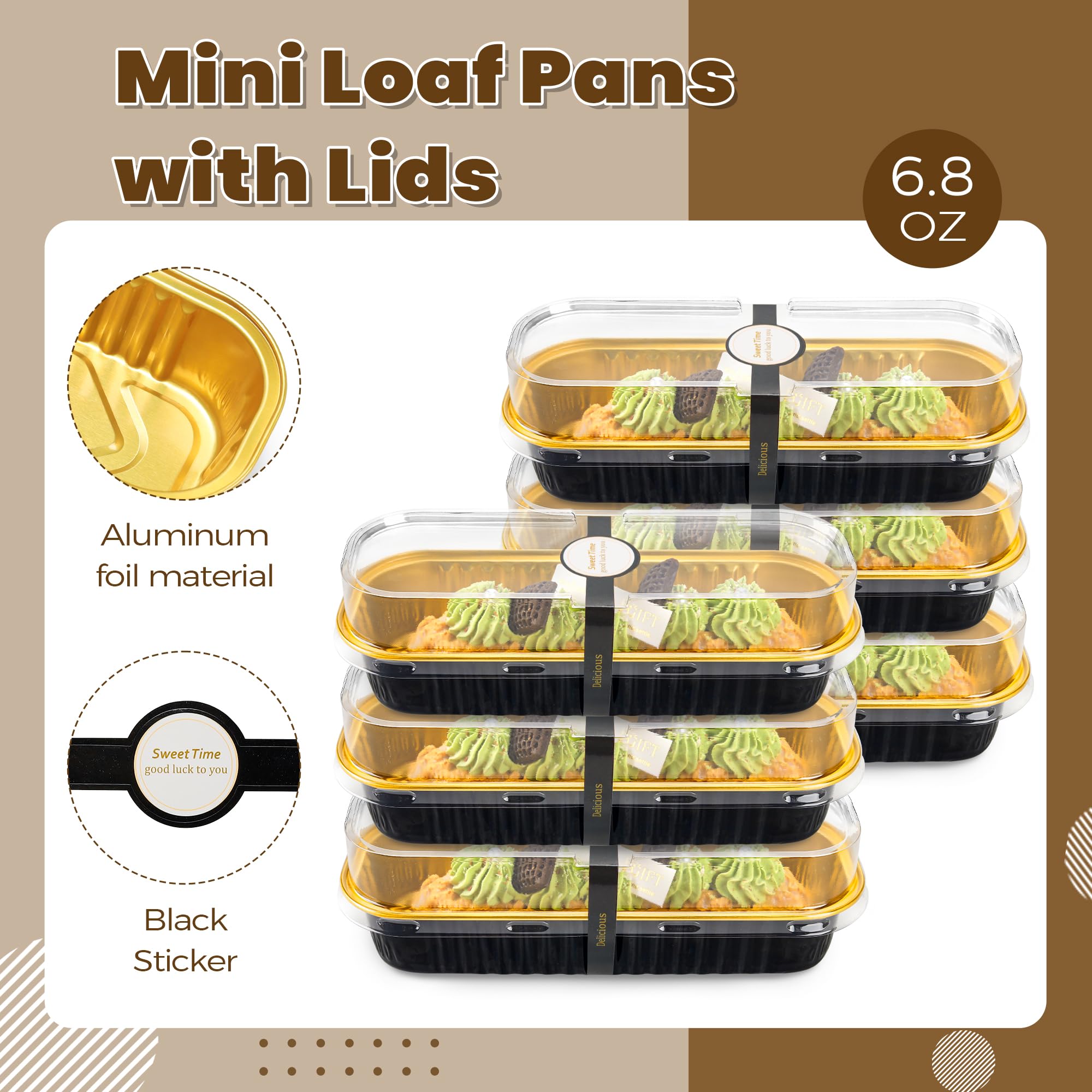 Paquete de 100 mini moldes para pan con tapas, rectangulares, individuales, de papel de aluminio, para grandes reuniones, picnics, vacaciones, fiestas (negro dorado, 192.8 g)