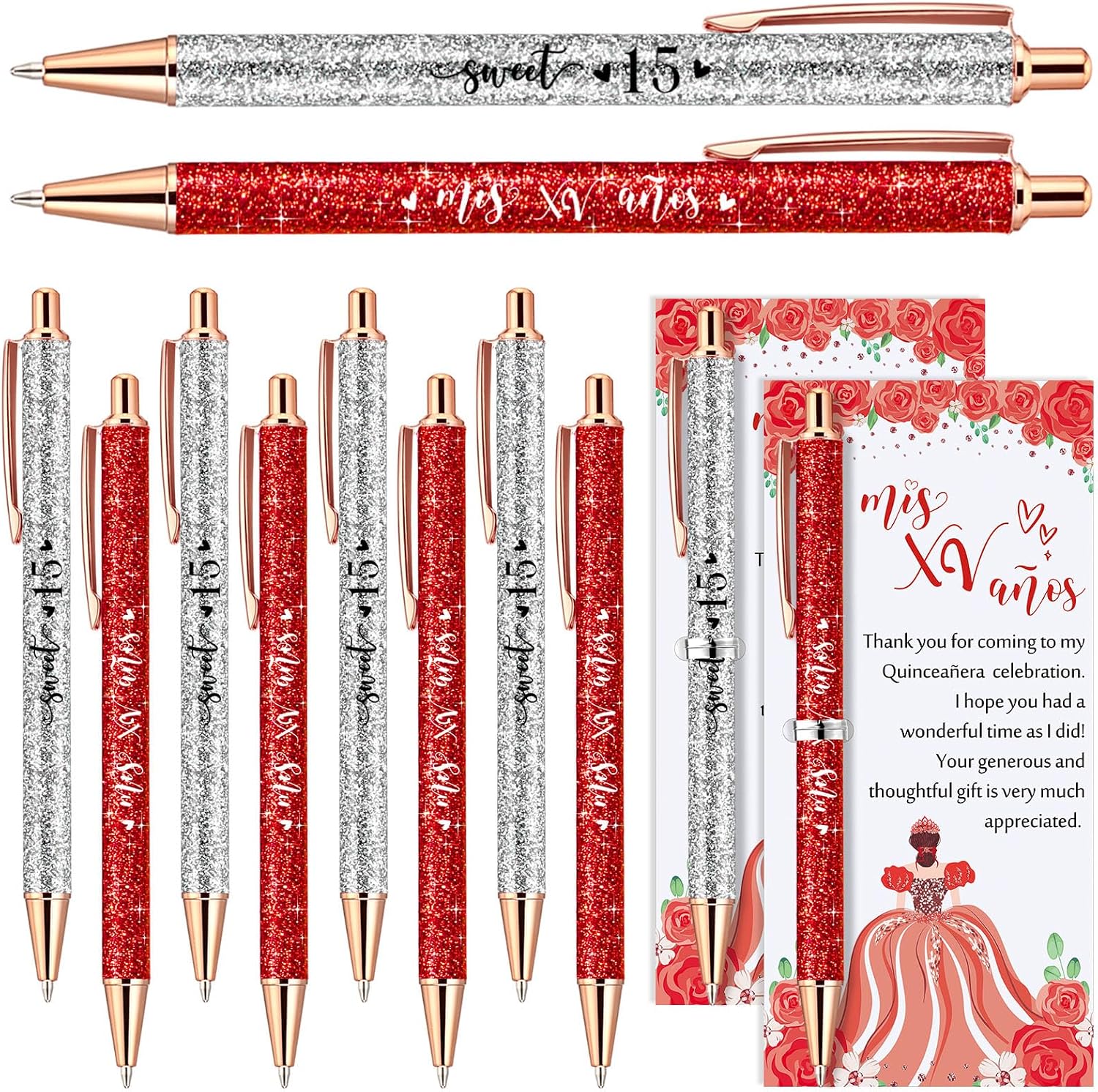 25 Sets Quinceanera Party Favors Gifts for Guests Include 25 Sweet 15 Glitter Ballpoint Pens with Thank You Cards 15th Birthday Mis XV Años Birthday Sweet Party Favors(Red)