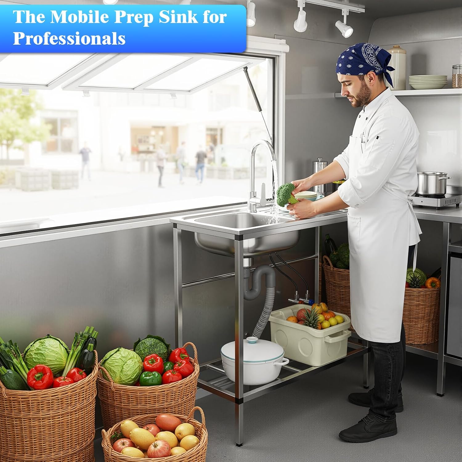 Outdoor Utility Sink, Freestanding Kitchen Sink Set, Stainless Steel Single Bowl Sink, Portable Commercial Utility with Table&Storage Shelves for Garage, Restaurant, Kitchen,Camping, Backyard