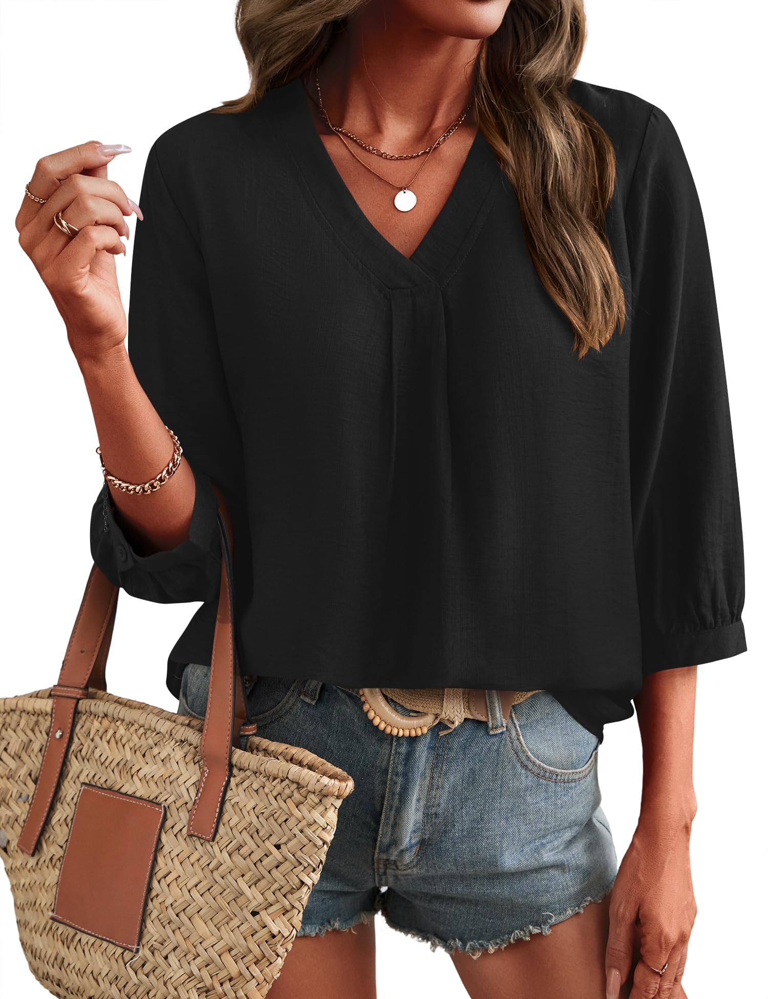 LOMON Womens 3 4 Sleeve V Neck Boho Peasant Blouses Dressy Casual Breathable Soft Tunic Tops with Button