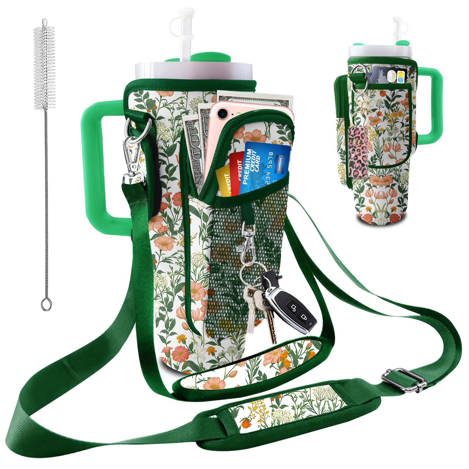 bolimoss Stanley Cup Bag with Phone Pocket, Stanley Cup Accessories with 2 Adjustable Straps & 3 Pockets Premium Neoprene Portable Pouch Bag Fits 40oz Tumbler for Hiking-Colorful Flowers