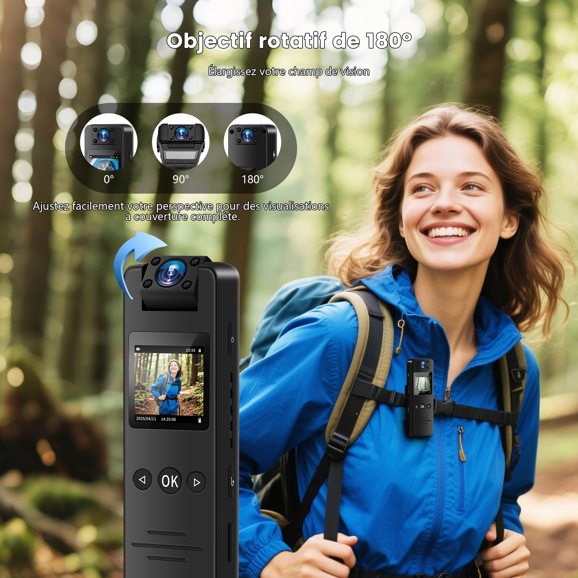 Caméra de Corps, Camera Corporelle Portable, 1080P HD Body cam, Mini Caméras avec Objectif Rotatif, 120° Grand Angle Bodycam de Sport, Caméra Police, Caméscope pour Cyclisme
