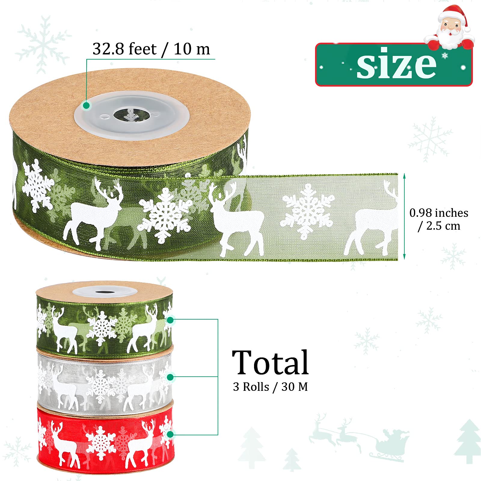 Fovths 3 Rolls 30 M Christmas Ribbon Gift Wrapping Ribbons Organza Ribbon Xmas Theme With Snowflake Elk in 3 Colors for Gift Wrapping 25mm Wide - Image 2