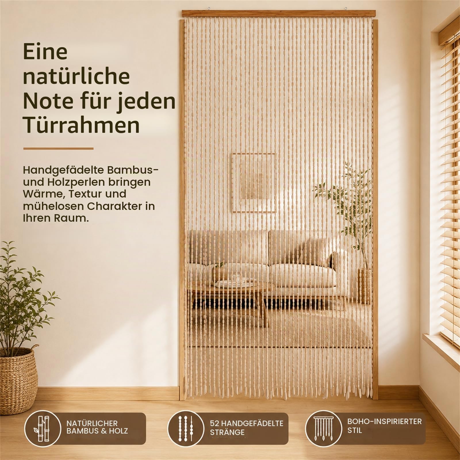 Bambus Perlenvorhang Türvorhang 52 Stränge Retro Holzperlenvorhang Natur Perlenvorhang Fadenvorhang Insektenschutz Fliegenschutz 90x200cm
