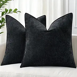 decorUhome Couch Throw Pillow Covers 18x18 Set of 2, Decorative Soft Euro Neutral Chenille Pillow Covers with Elegant Design for Sofa Bed Living Room Home Decor, Black