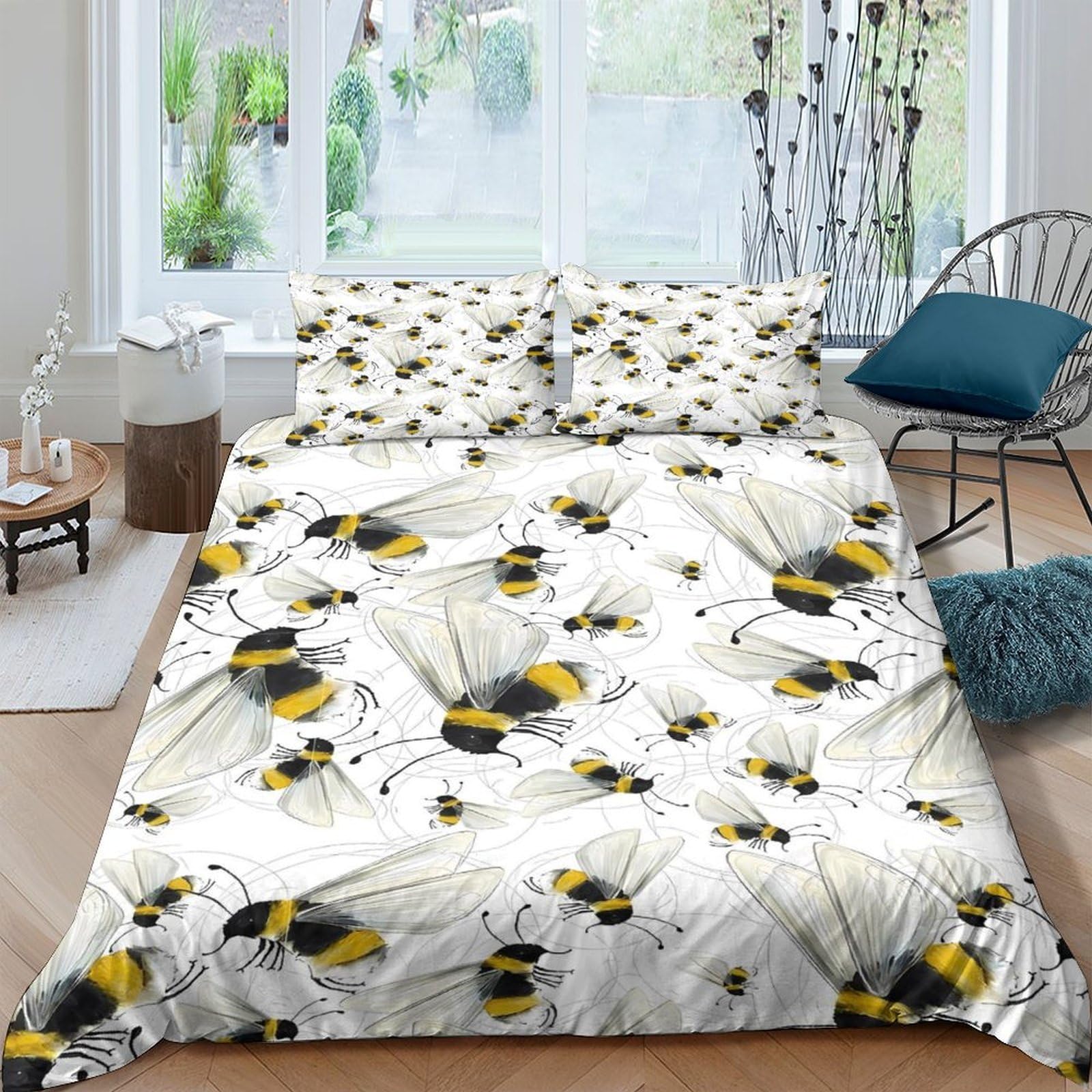 GPLZQXKJNH 3D Printed Bumblebee Duvet Cover Microfiber Soft Breathable Wildflower Bedding Set with 2 Pillowcases for Bedroom Decor Single（135x200cm）