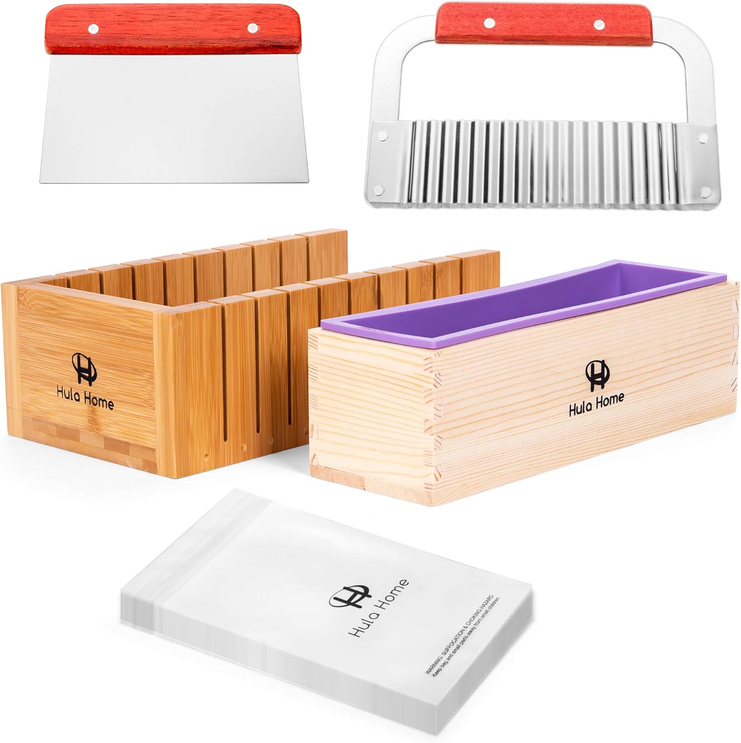 Silicone Soap Making Mold Kit (44oz) w/Measuring Box (Purple) | Use w/Melt and Pour Soap Base, Cold or Hot Process | Wooden Box, 100pc Bags, Stainless Steel Wavy & Straight Scraper : Arts, Crafts & Sewing