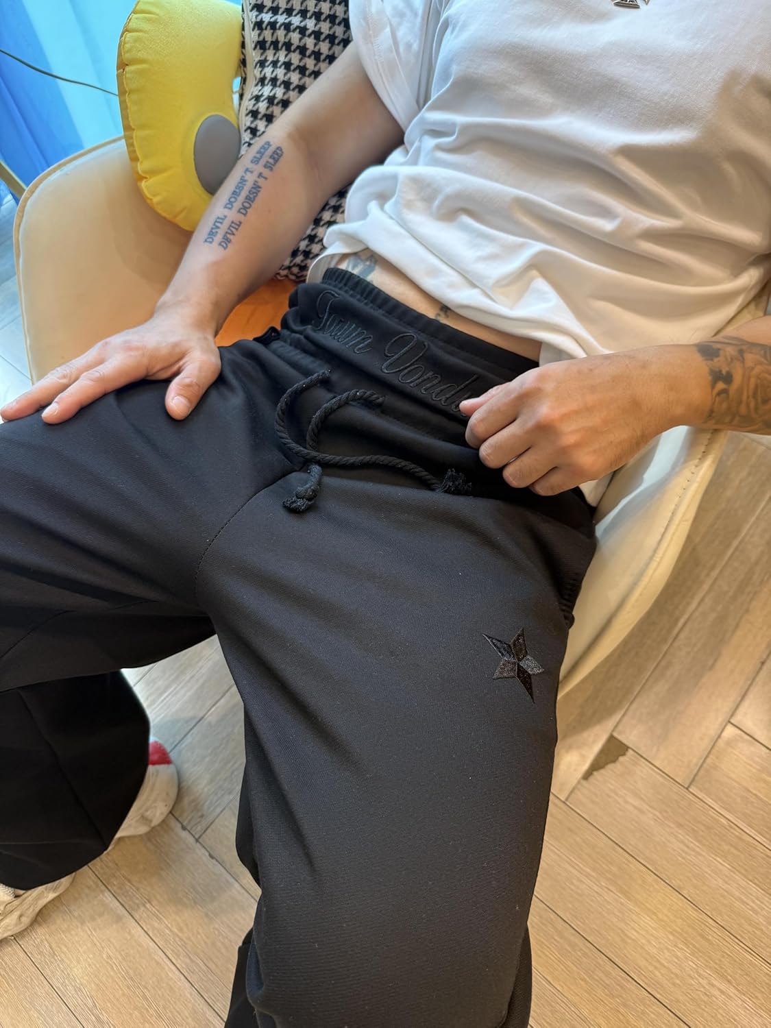 Mens Y2K Hip-Hop Sweatpants Drawstring Embroidery Double Waisted Baggy Wide Leg Vintage Workout Pants - Image 2