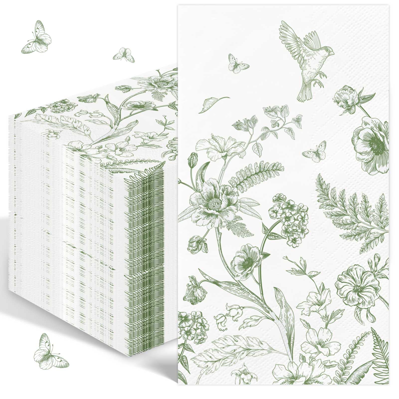 Photo 1 of Green Floral Napkins Disposable Hand Towels for Bathroom 3 Ply Greenery Paper Napkins Vintage Bird Flower Guest Napkins Chinoiserie Napkins for Wedding Bridal Shower Cocktail Party