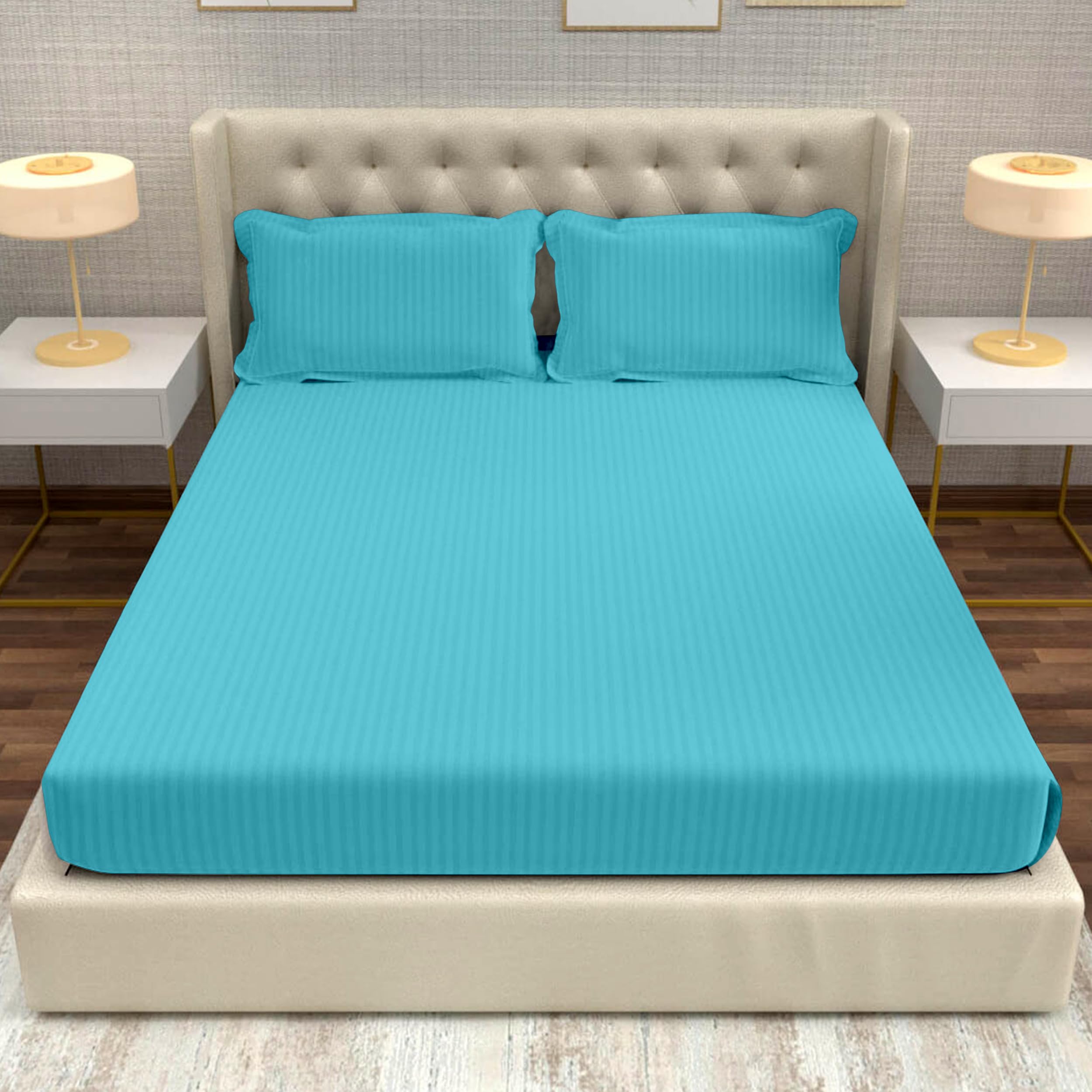 Divine Casa 210 TC Cotton King Size Bedsheet Italian Stripe Pattern | Breathable Wrinkle Resistant Bed Sheet with 2 Pillow Covers | Elegant 100% Cotton Bedding Set | 275 x 275 cm (Blue, Striped)