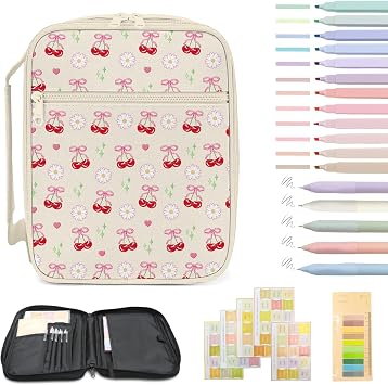 Cherry Bible Cover Case Set for Women Girls, Bible Carrying Case with Handle and Smooth Zipper, Multi-Functional Large Bag for Teacher Student Daughter