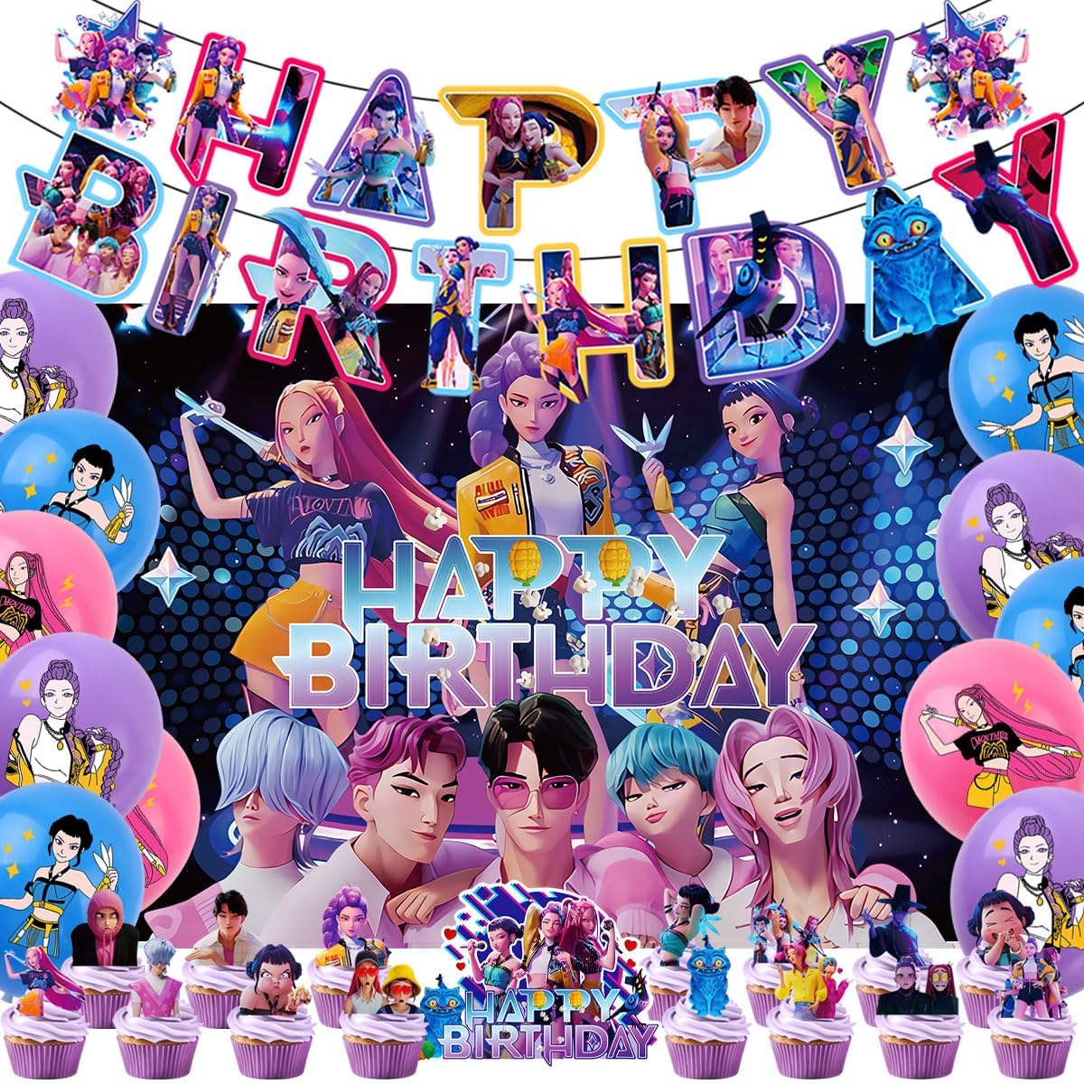 Cartoon Birthday Party Supplies, Cute Anime Party Decorations Set Include Banner, Cake Topper, Cake Cupcake Toppers, Backdrop, Balloons for Movies Theme Party