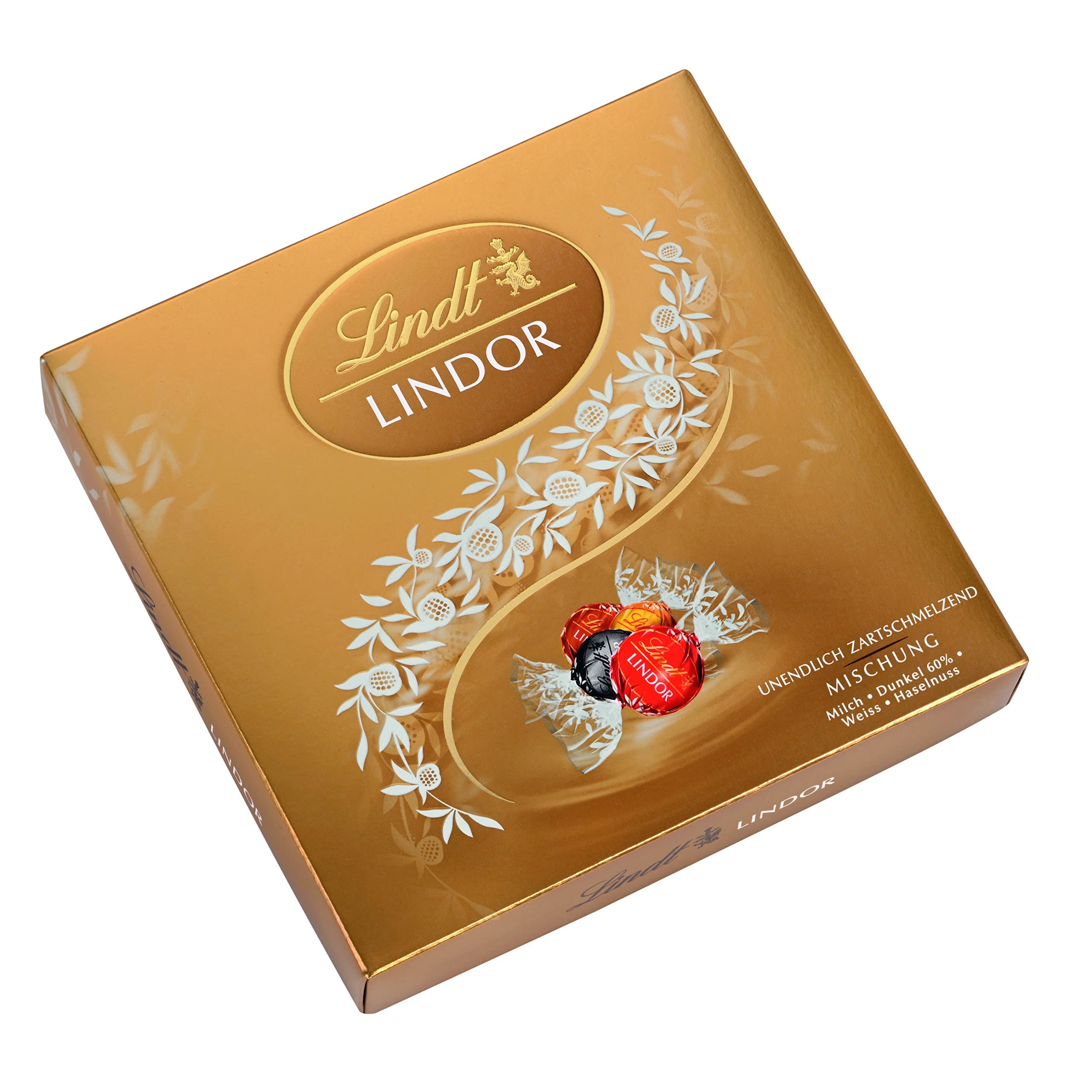 Lindt LINDOR Präsent Box Mischung, Schokoladengeschenk, ca. 15 LINDOR Kugeln, 4 Sorten (Vollmilch, Weiß, Dark 60% und Haselnuss), 187 g